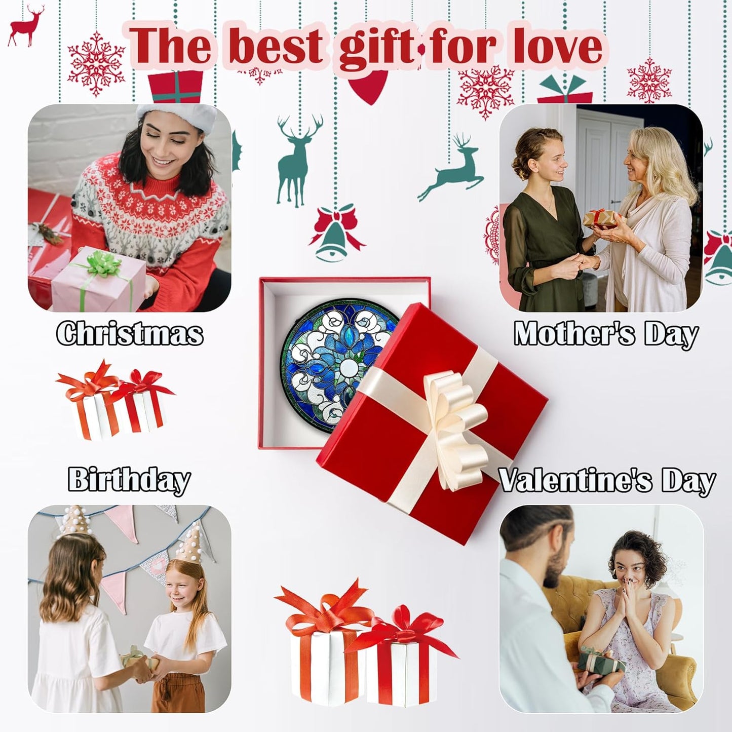 Stained Glass Window Hanging, Boho Style Sun Catchers Diamond Glass Panel Hangings Tiffany Suncatcher Decor for Birthday for Women, Men, Wife, Aunt, and Mom 6.3 in