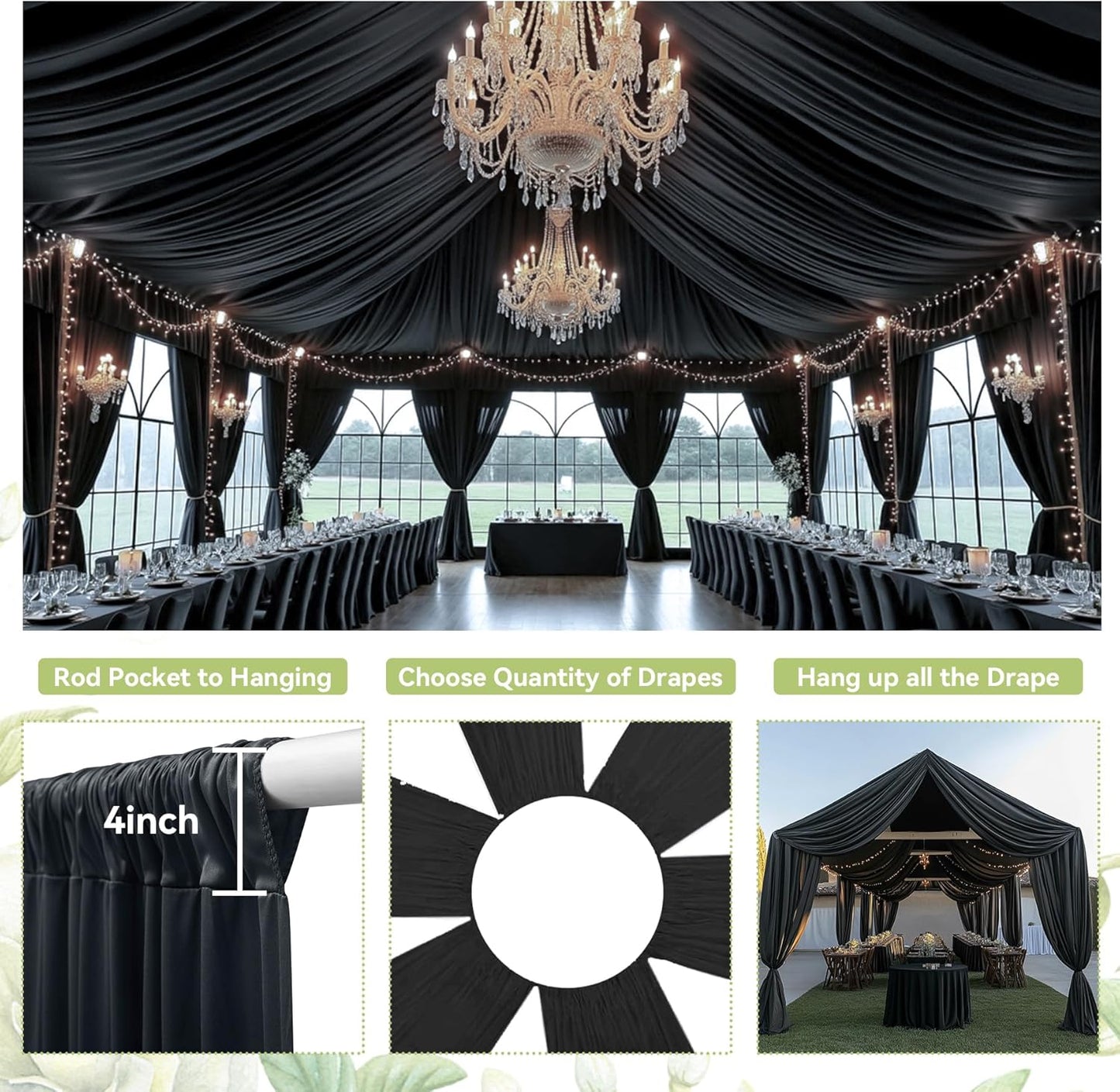 PartyVillage 10 Panels 5ftx30ft Black Ceiling Drapes for Halloween Parties â 30 FT Extra Long Thick Polyester Wrinkle-Free Drapery Tent Decor Decorations for Birthday Party Ceremony Stage Swag