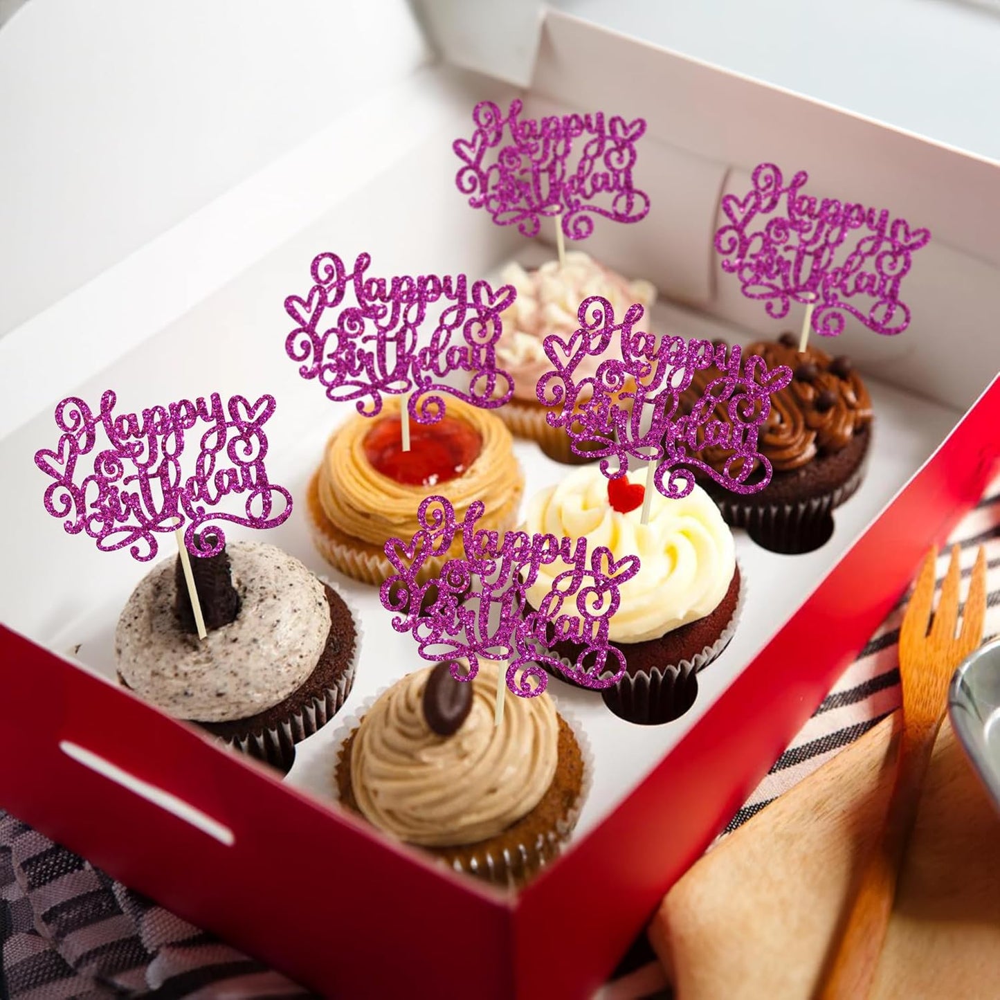 Gyufise 24Pcs Happy Birthday Cupcake Toppers Glitter Happy Birthday Cupcake Picks for Celebrating Happy Birthday Party Decor Anniversary Theme Party Cake Decorations Supplies Purple