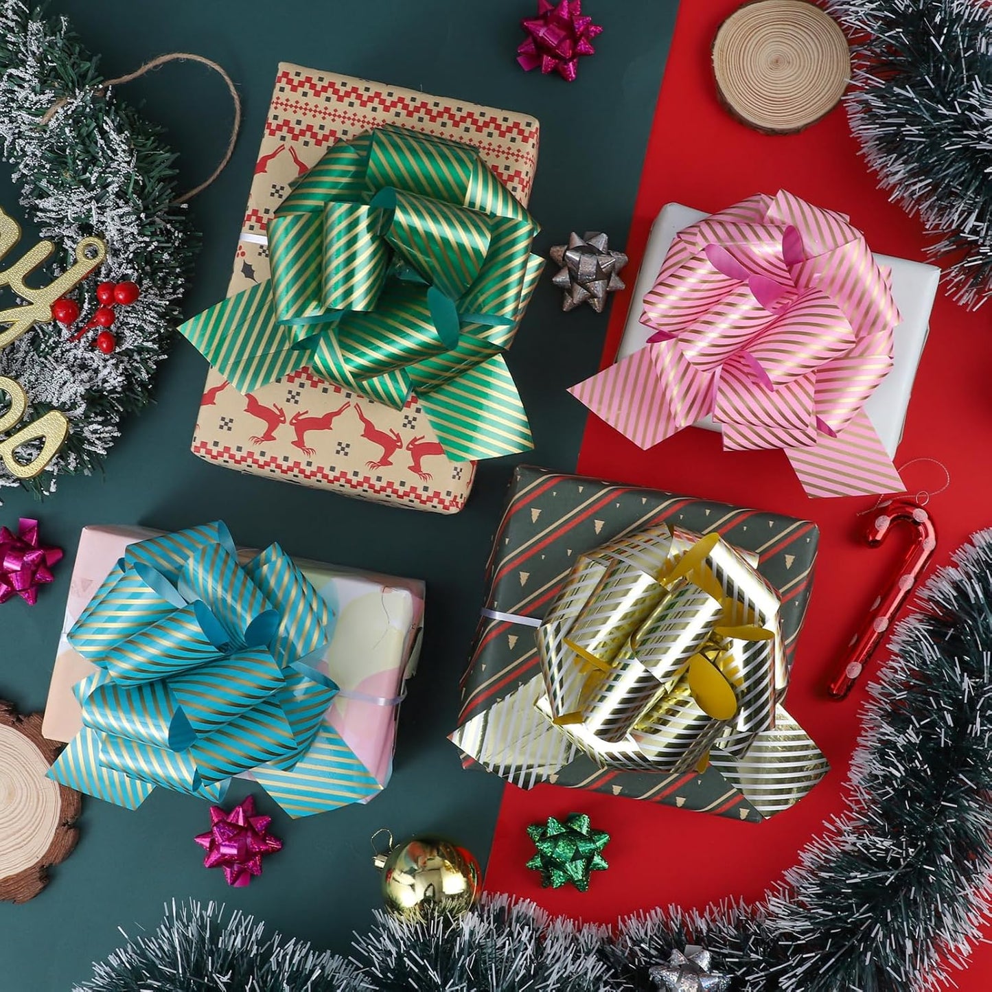 FORBINBO 12 Pieces Stripe Pull Bow Large Gift Wrapping Pull Bows with Ribbon for Christmas Presents Wedding Gift Wrapping Baskets