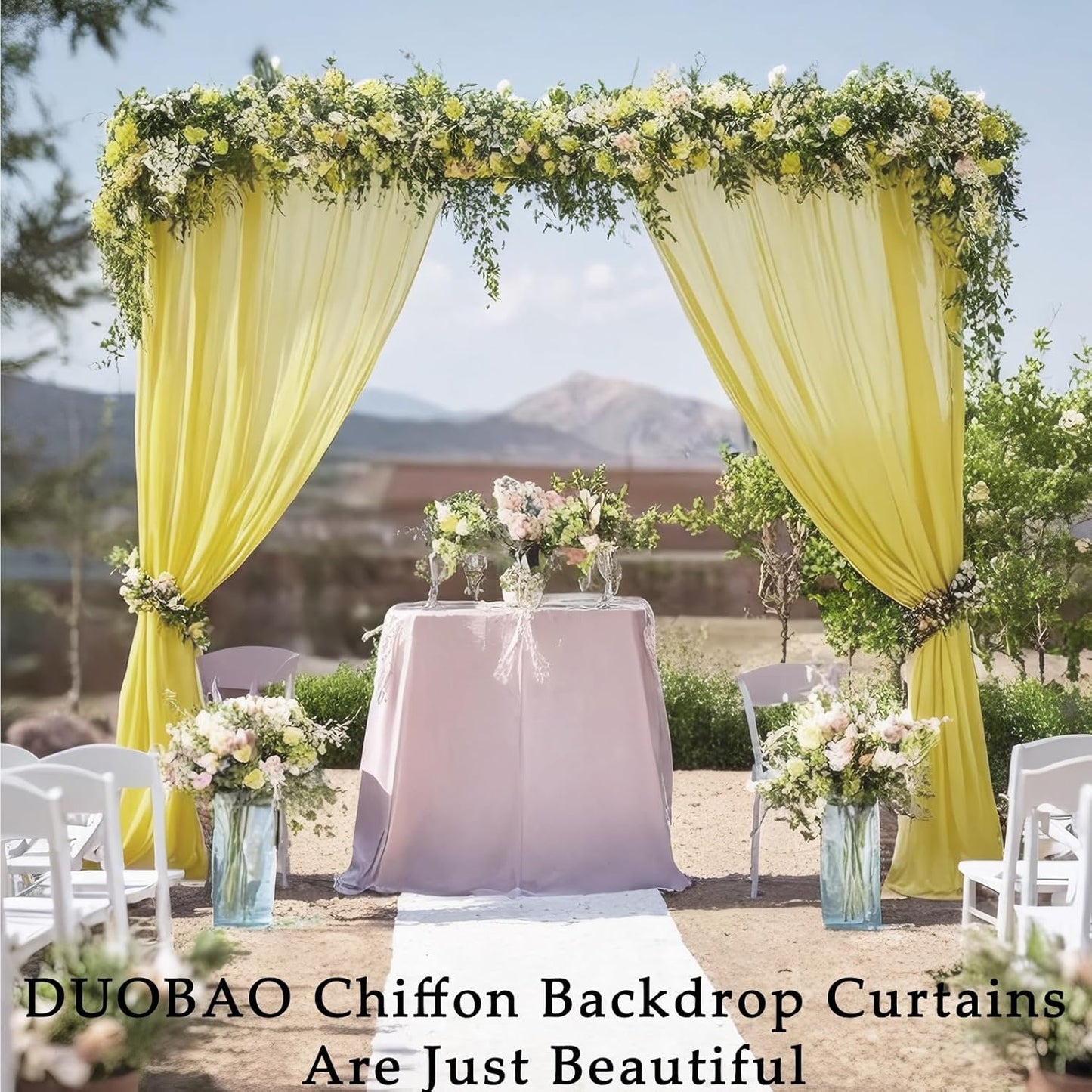 DUOBAO Yellow Chiffon Backdrop Curtains 108 Inches 2 Panels 29 Inch Width Backdrops Drape Semi Sheer Curtain 108 Long Beach Drapes for Living Room Voile Background for Wedding Ceremony