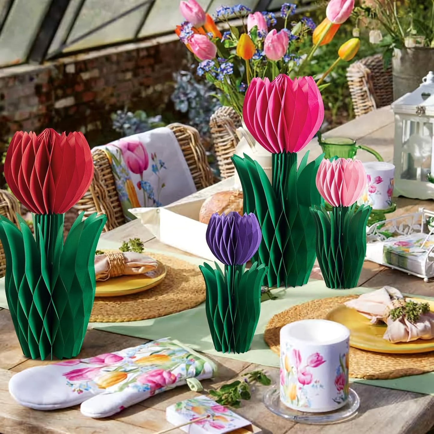 SUNBEAUTY 8 PCS Flower Honeycomb Decoration - Red Tulip Decor for Mother's Day and Spring - Table Centerpieces