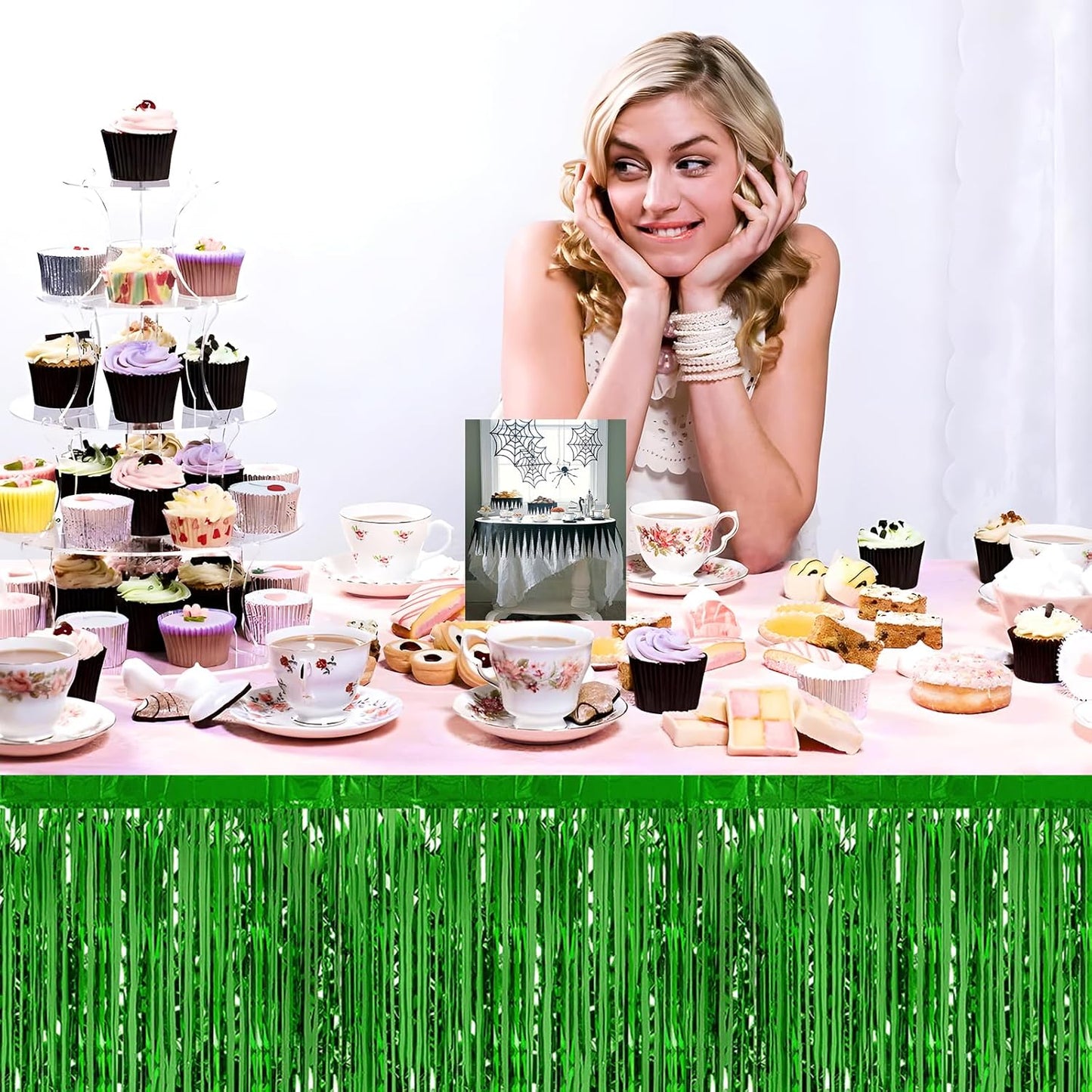 3 Pack 29x108 Inch Green Foil Fringe Table Skirts Metallic Banner for Tinsel Streamer Garland Backdrop for Parade Floats Wedding Thanksgiving Birthday Christmas Halloween Party Decoration