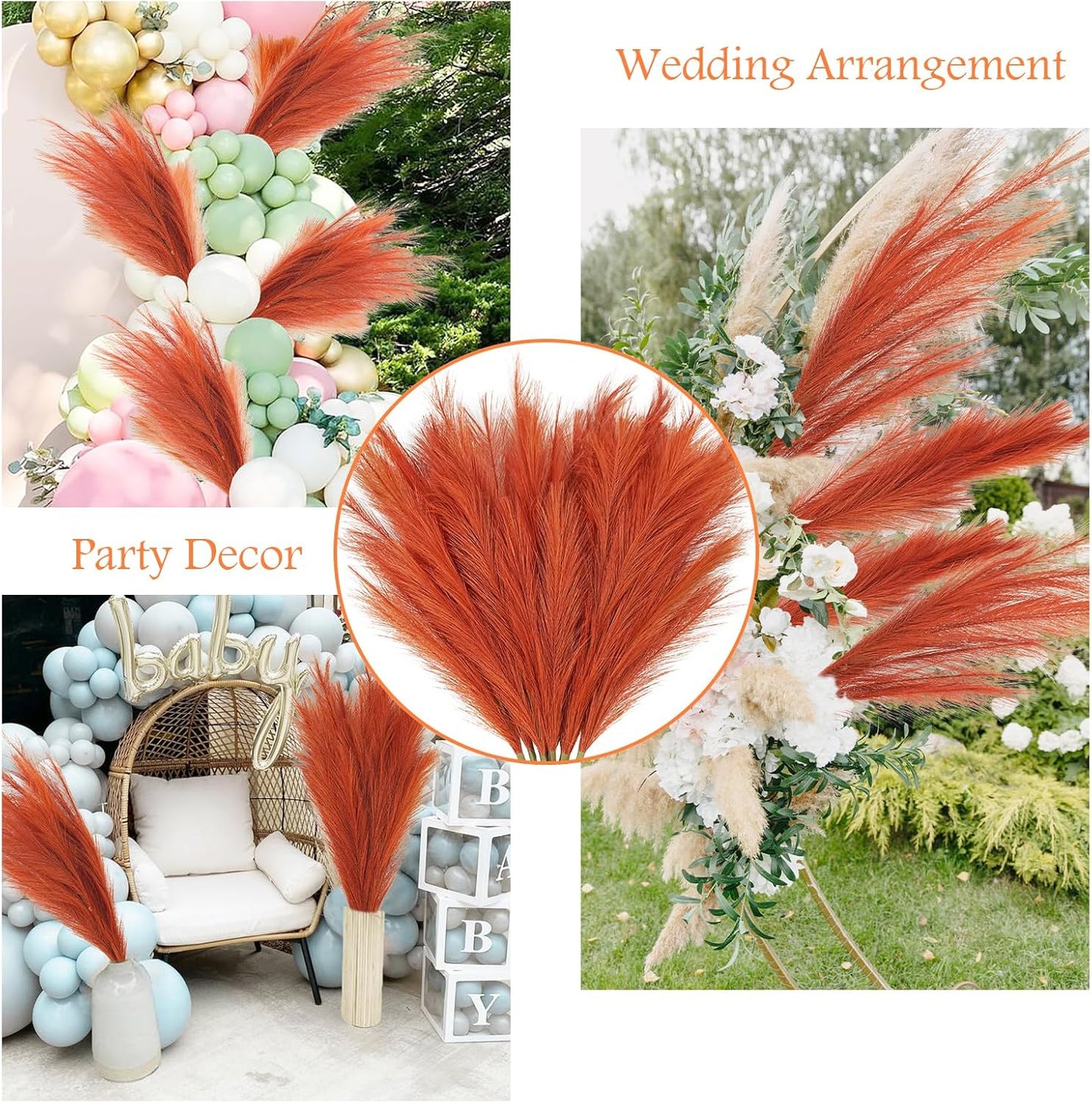 8pcs Orange Pampas Grass Tall, 35" Fluffy Faux Colored Pompas Grass Artificial Orange Pampas Stems Vase Filler Fall Flower Arrangement for Home Wedding Centerpieces Autumn Bohe Decor