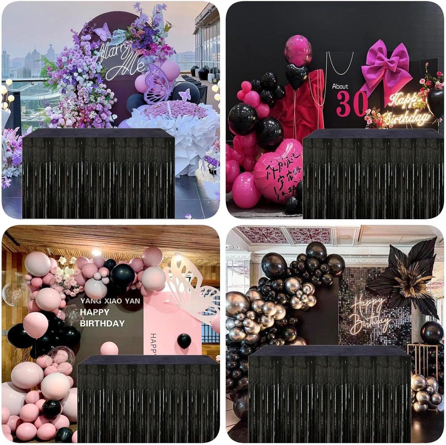 Black Streamers Party Decorations, 2 Packs Black Table Skirts Metallic Foil Fringe Tinsel for Graduation Birthday Wednesday Twilight Wizard Float Parade Halloween Party Supplies - 29x108 Inch