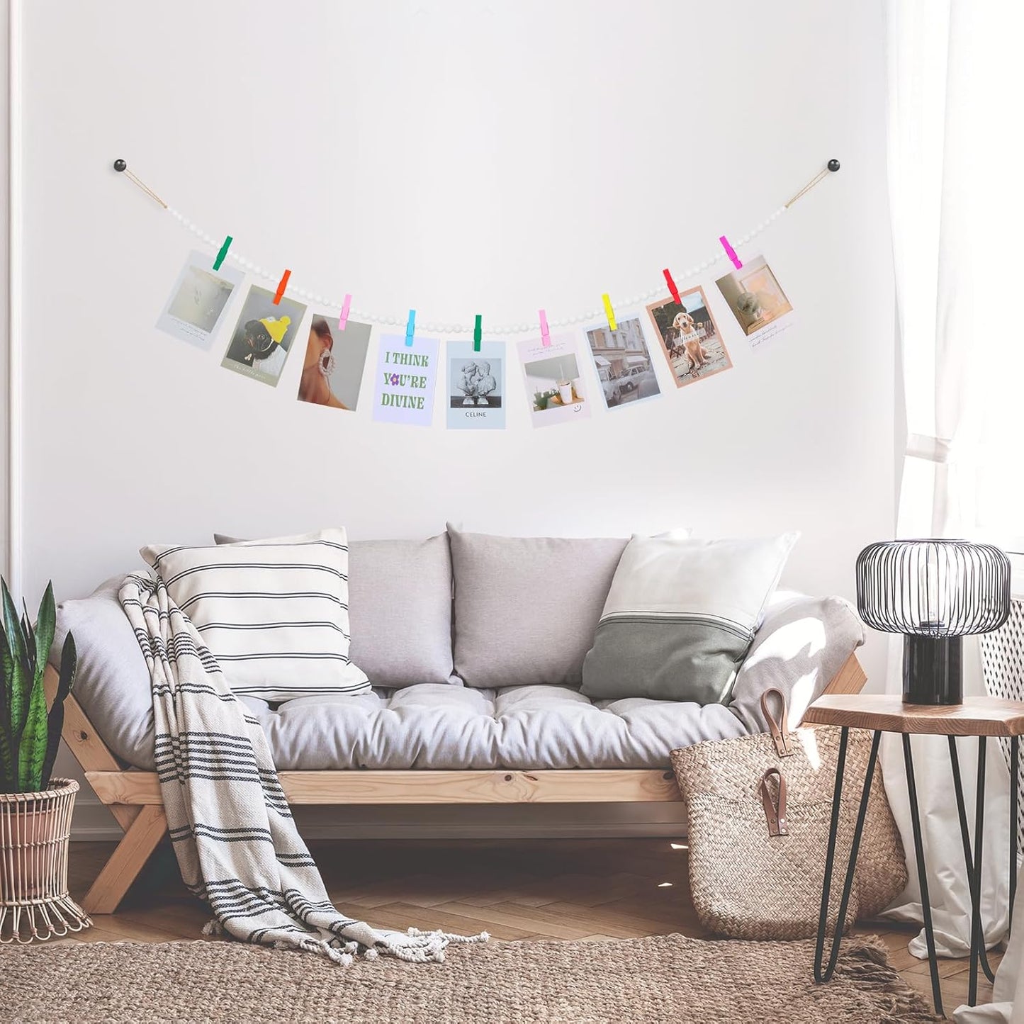 Hanging Photo Display Wall Decor, 2PCS Boho Wooden Bead Garland Collage Picture Frame with 9 Different Random Colors Wood Clips for Boho Bedroom, Living Room, Office, Dorm Decor