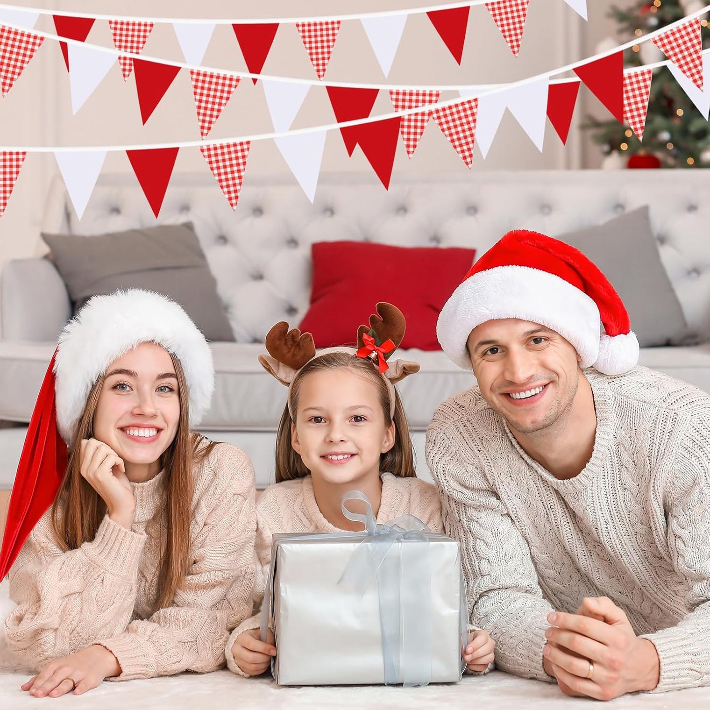 Red Plaid Checkered White Pennant Banner Flag Triangle Bunting Garland Decorations for Wedding Birthday Carnival Christmas Outdoor Home Festivals 33Feet 30 Pcs