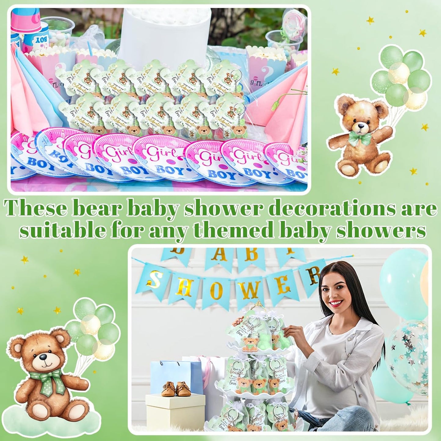 288 Baby Shower Favors Baby Shower Gifts Bulk Lip Balms Soaps Keychains Organza Bags Guest Appreciation Gift with Thank You Tags and Cards for Boys Girls Guest Gift(Green,Bear)