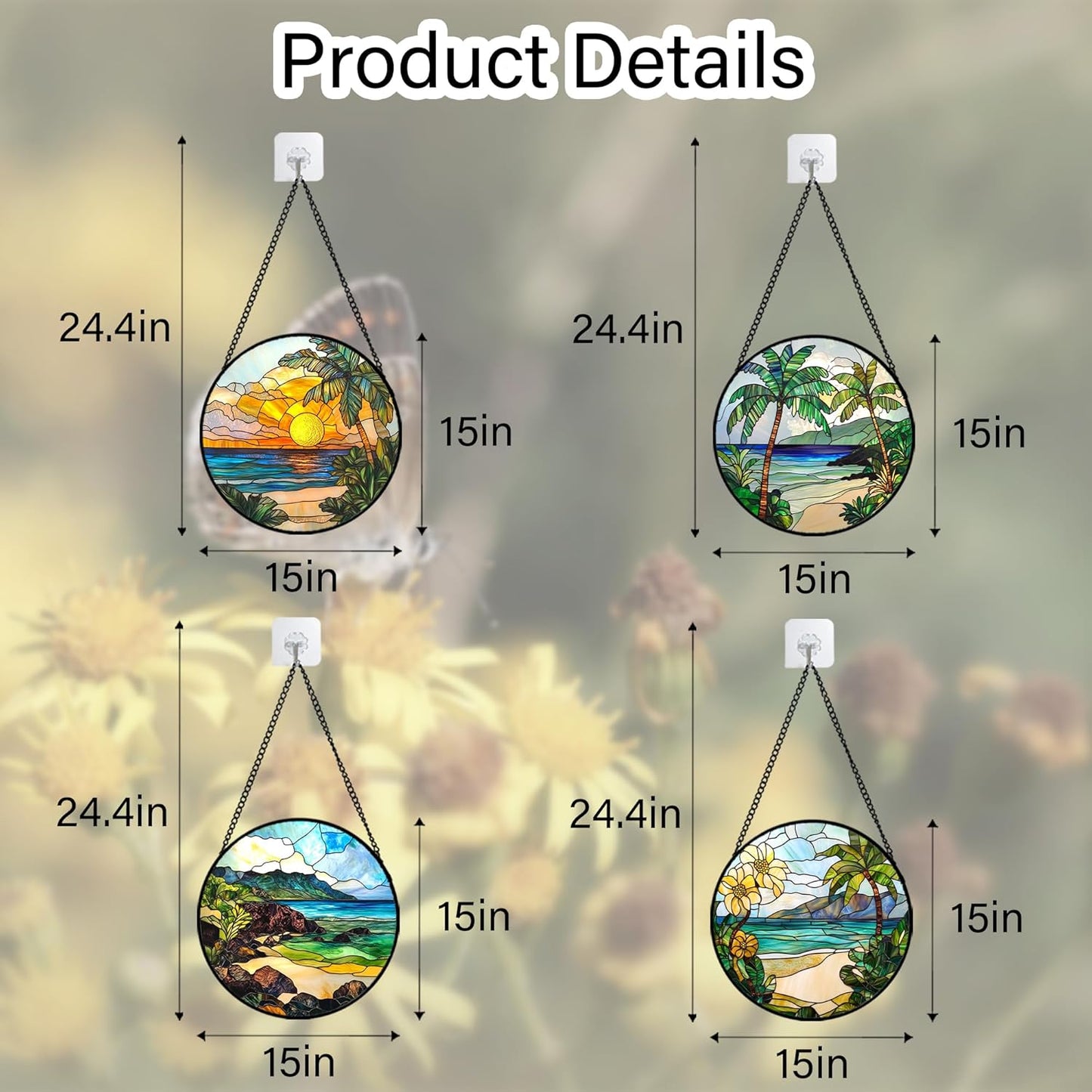 Stained Glass Window Hanging 4 Pcs Set Blue Ocean Coconut Tree Scenery Large 15" - Suncatcher Door Garden Sun Catcher Decor Birthday Christmas for Mom Woman Nana Men