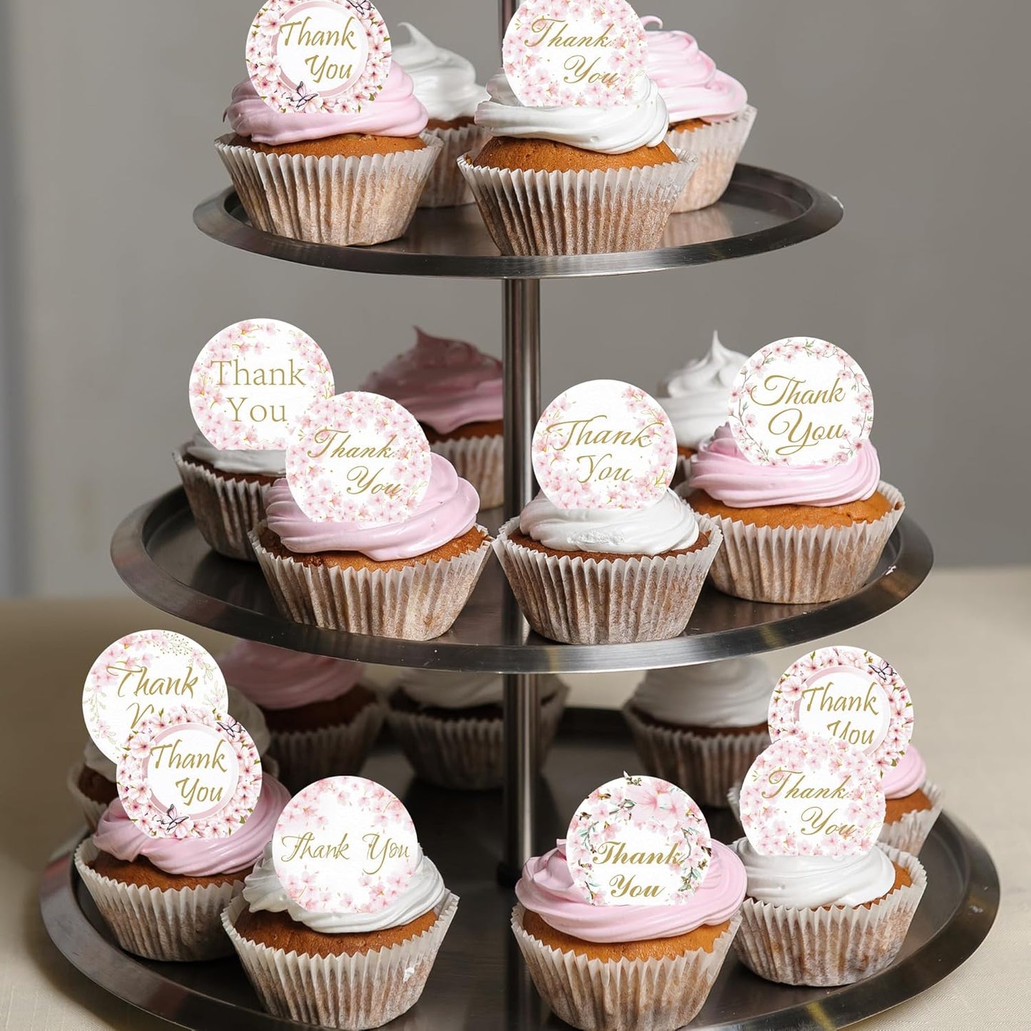 36PCS Edible Cherry Blossoms Thank You Cupcake Toppers Pink Edible Cherry Flowers Cake Decor Wafer Paper Thank You Cupcake Topper for Flowers Theme Baby Shower Birthday Party Decor Supplies