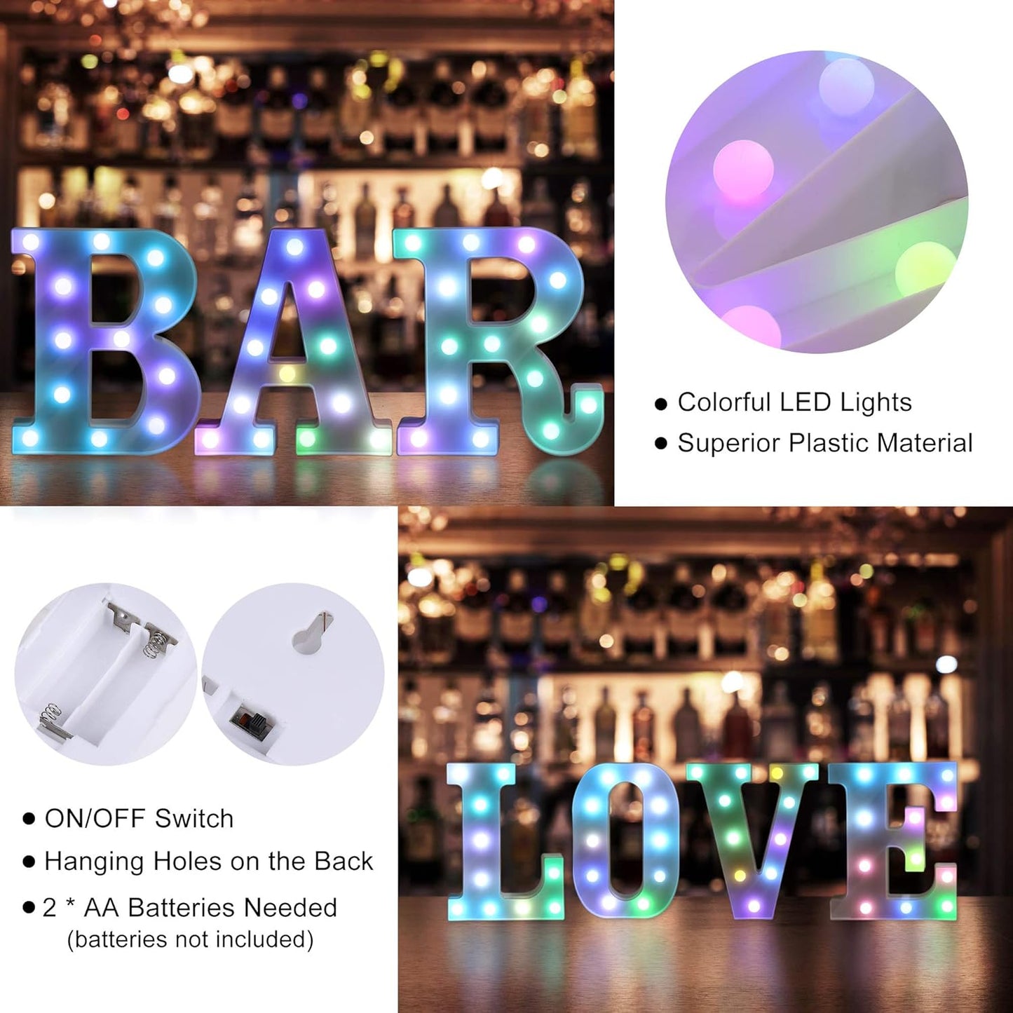 Foaky Colorful LED Letter Lights with Remote,Marquee Light Up Letters Sign for Night Light Wedding/Birthday Party Battery Powered Christmas Lamp Home Bar Decoration(L)