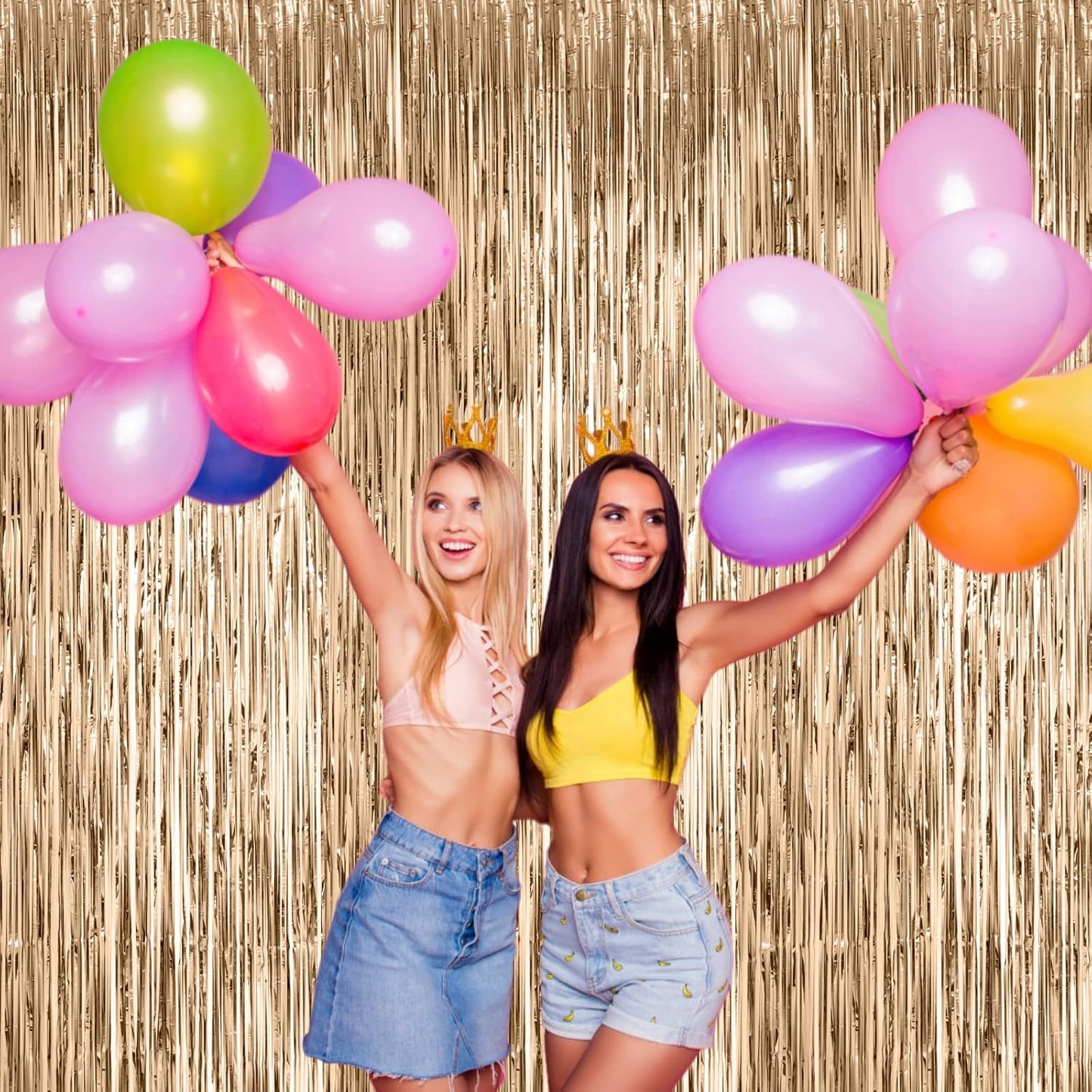 2 Pack Champagne Foil Fringe Backdrop Curtains, Tinsel Streamers Birthday Party Decorations, Fringe Backdrop for Anniversary, New Years, Birthday Party