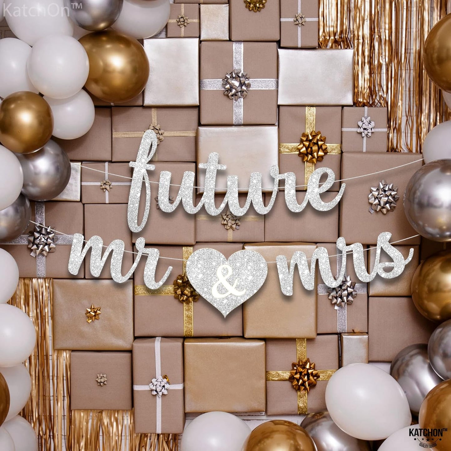 KatchOn, Silver Glitter Future Mr & Mrs Banner - 10 Feet, Pre-Strung, No DIY | Future Mr and Mrs Banner | Engagement Party Decorations | Bachelorette Party Decorations, Bridal Shower Decorations