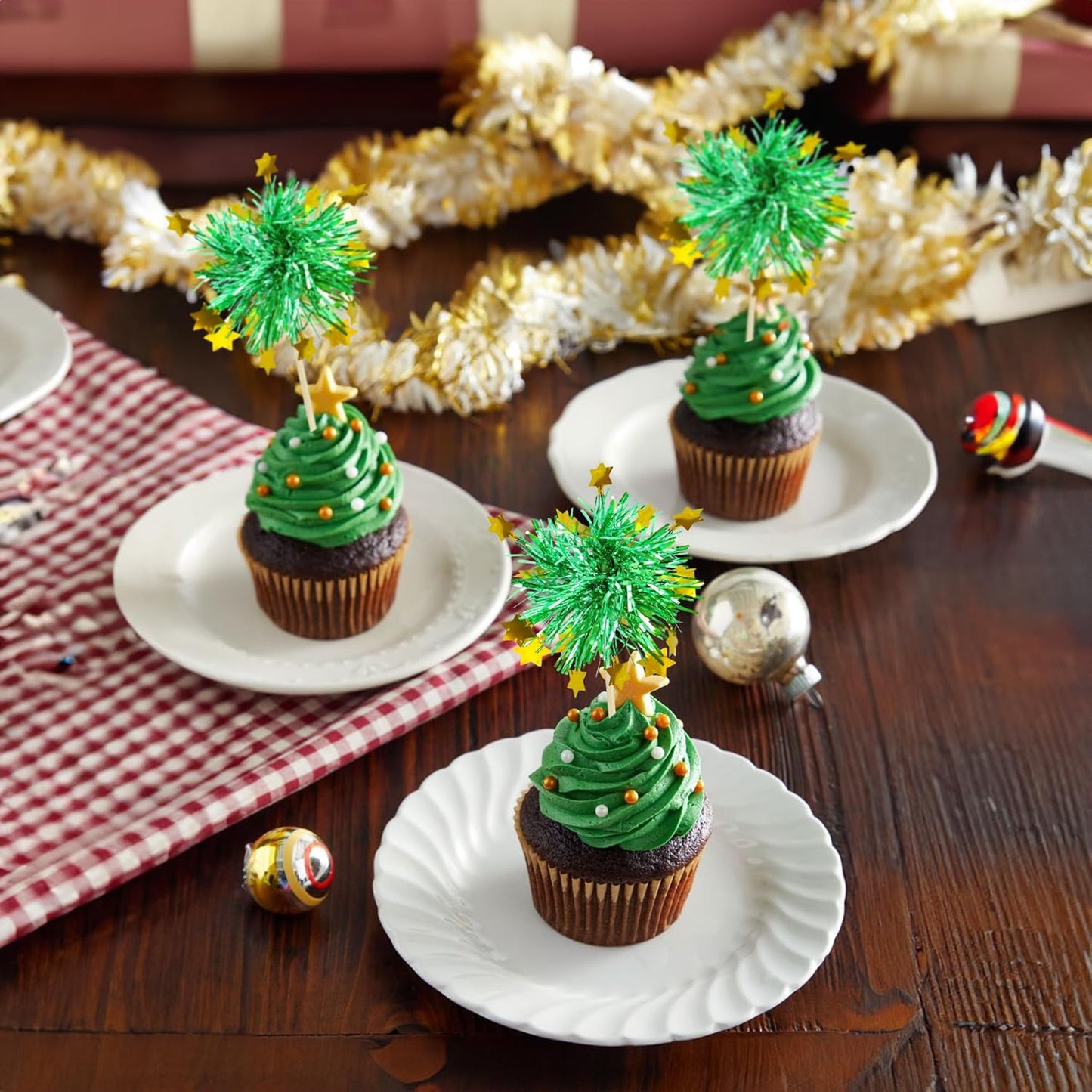 Ephlyn 30Pcs Foil Firework Cupcake Toppers Happy Birthday Cake Toppers Tinsel Flower Drink Stirrers Cocktail Food Fruit Toothpicks for Valentine's Day Party Decorations Green