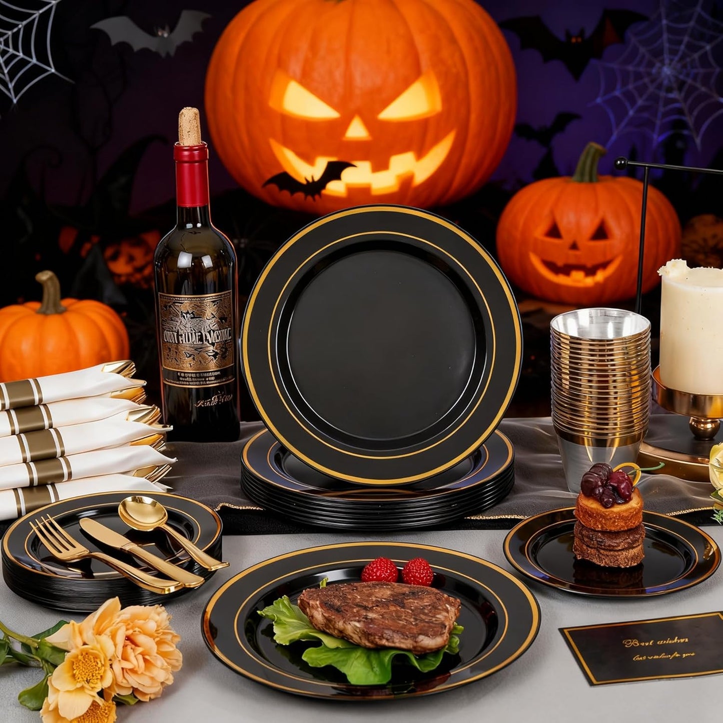 350 Pieces Black and Gold Plastic Plates with Disposable Silverware, Include 50 Dinner Plates 9”, 50 Dessert Plates 6.3”, 50 Black Cups 9 OZ, 50 Pre Rolled Napkins for Halloween new year