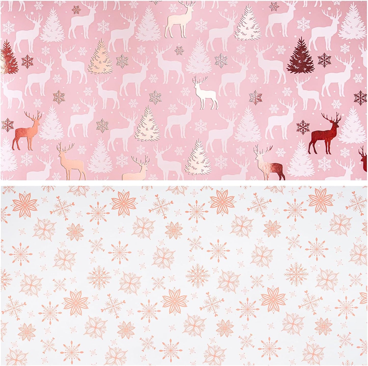 LeZakaa Christmas Pink Wrapping Paper Jumbo Roll, Reindeer & Snowflake, Metallic Foil, Rose Gold Foil Reversible Design for Festive Winter Holiday, Family Gathering, 30 inches x 100 Feet