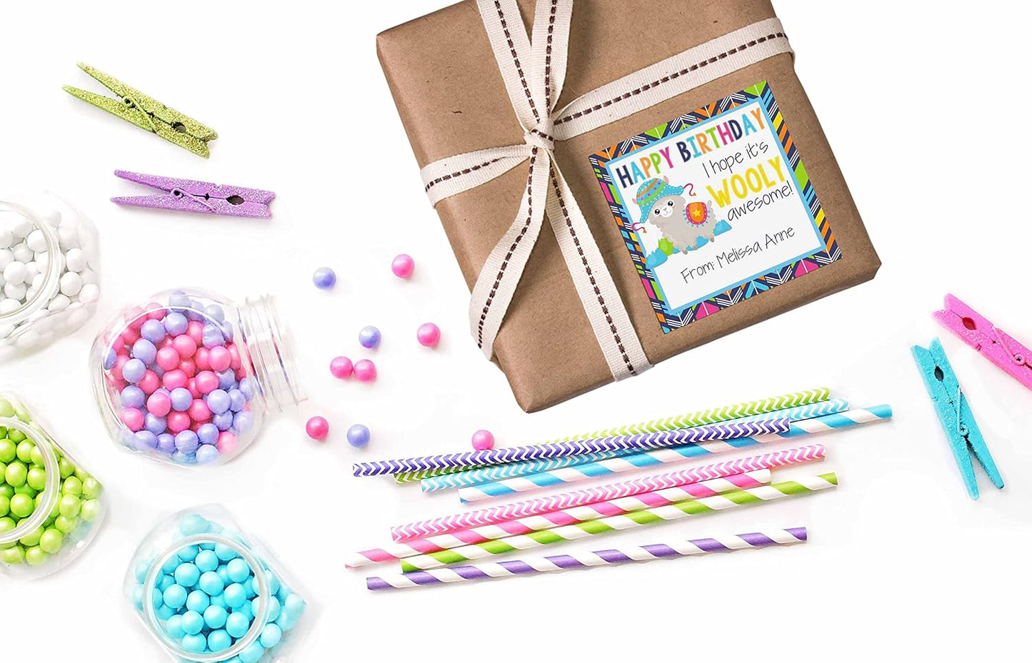 Custom & Personalized Wooly Awesome Alpaca Happy Birthday Gift Tag Sticker Labels, 24 2.5" Square Stickers by Amanda Creation