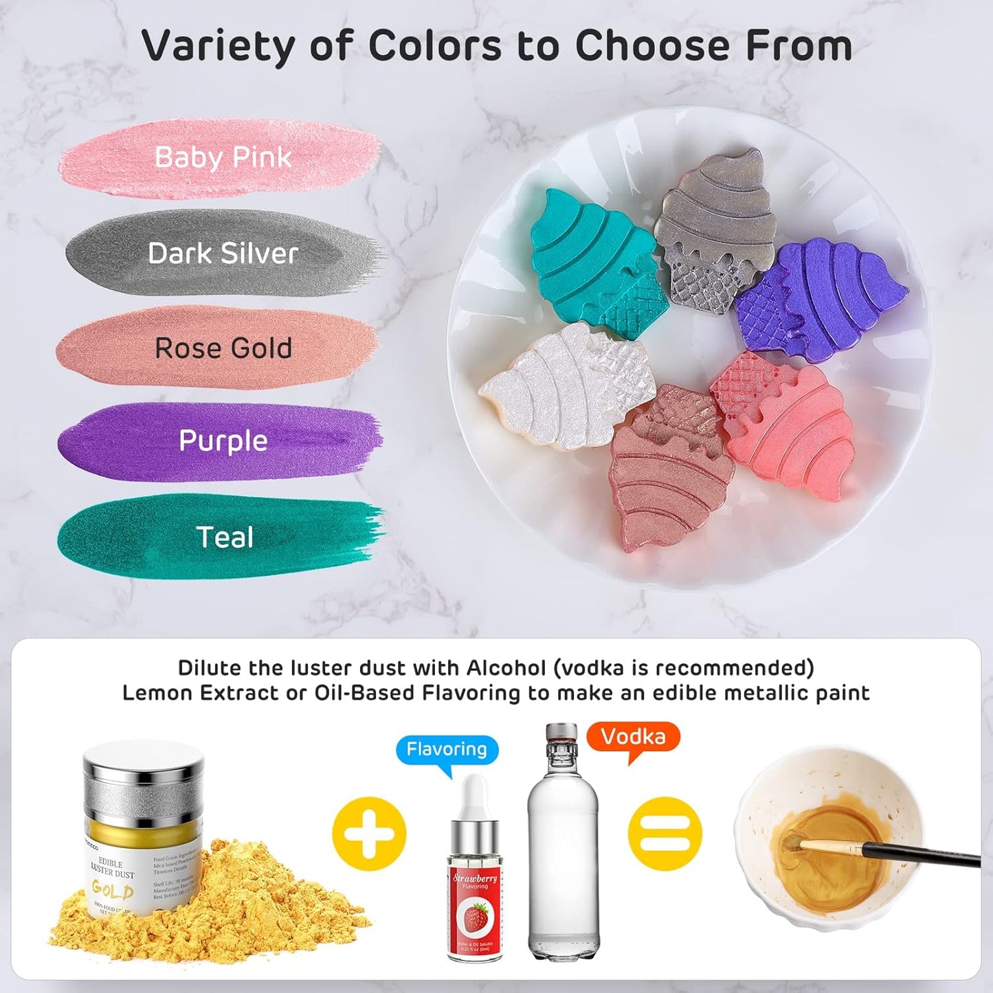 Nomeca Edible Luster Dust, 8 Grams Food Grade Shimmer Gold Cake Dust Metallic Food Coloring Powder for Cake Decorating, Baking, Fondant, Gumpaste, Chocolate, Candy, Drinks, Cookies - Dark Silver