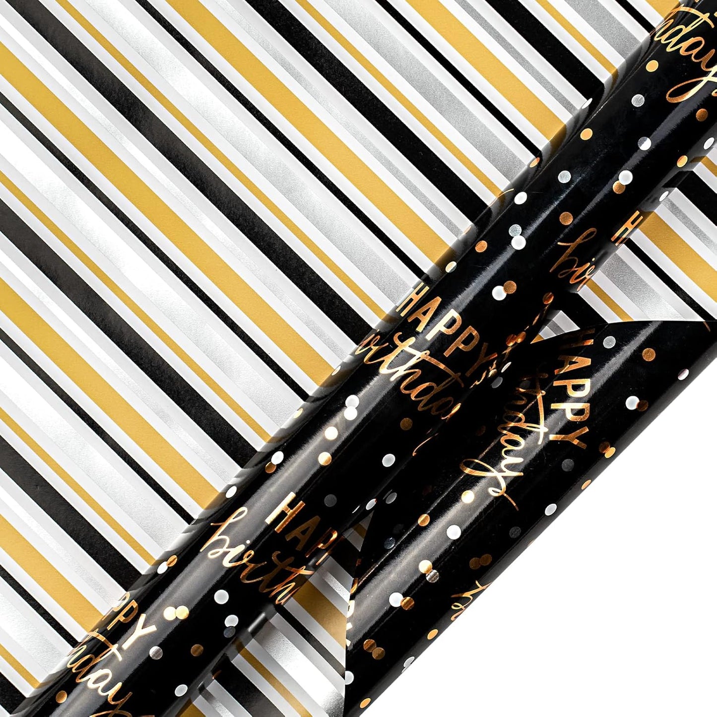 LeZakaa Reversible Black Birthday Wrapping Paper Roll for Boys Men, Happy Birthday Lettering & Stripe Pattern with Metallic Gold Foil in Black, Mini Roll, 17 inches x 32.8 Feet (46.45 sq.ft.)