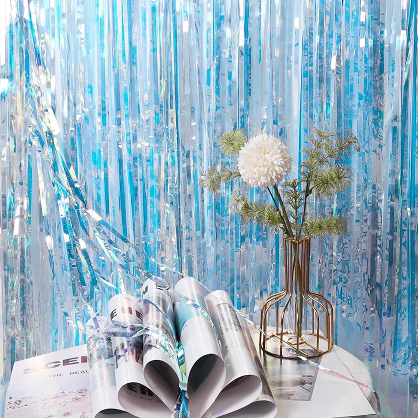 CANREVEL 2 Pack 3.2x6.5 Feet Iridescent Foil Fringe Backdrop Curtains, Clear Blue Tinsel Photo Booth Props Streamers Party Decorations for Birthdays Mermaid Sea Frozen Christmas Party