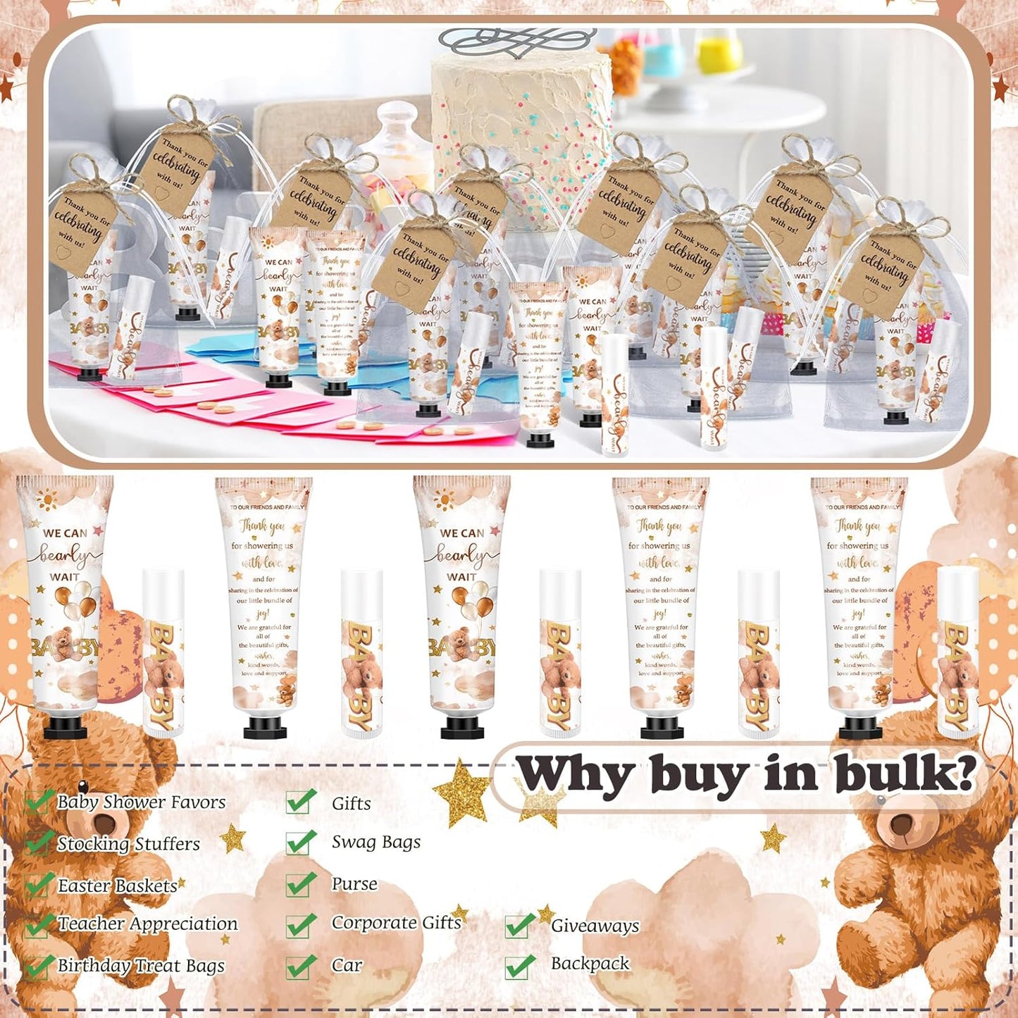 50 Sets 200 Pcs Baby Shower Hand Lotion and Lip Balm Gift Theme Baby Shower Party Favors Travel Size Hand Lotion and Lip Balm Bulk with Organza Bags Tags(Bear)