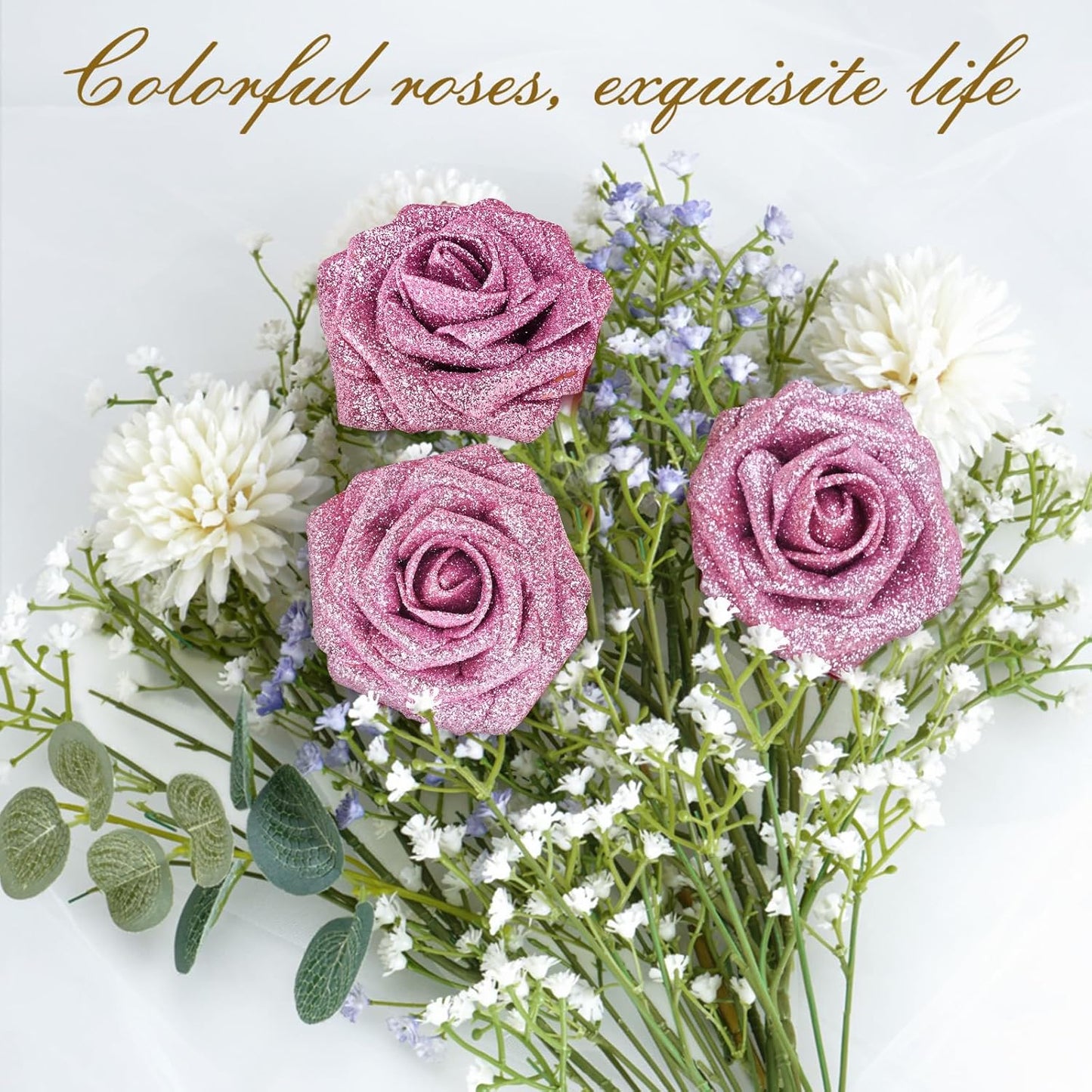 BLEUM CADE 36Pcs Artificial Flowers Fake Roses with Stems, Pink Glitter Boxed Foam Roses for DIY Bouquets Centerpieces Wedding Party Arrangement Bridal Shower Decor