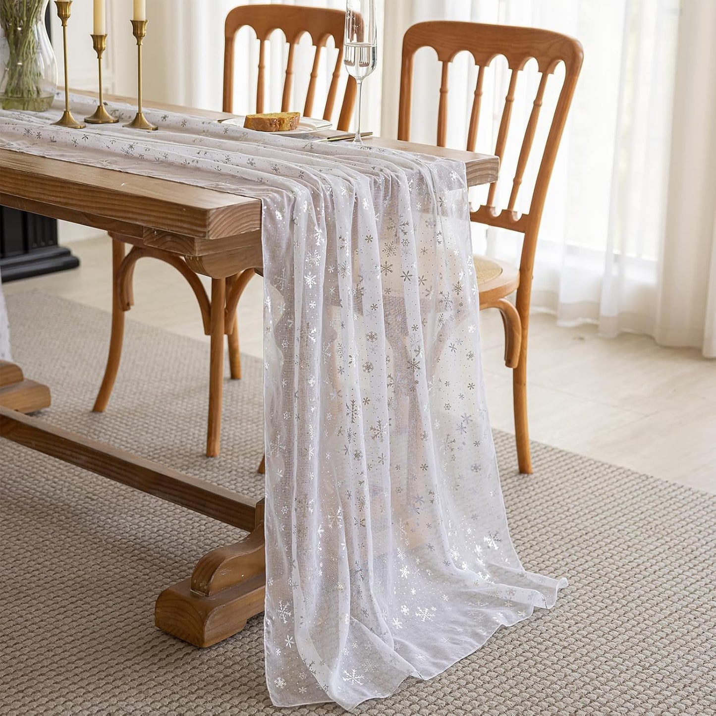 Silvery Snowflake Metallic Print Tulle Christmas Table Runner, Seasonal Winter Kitchen Dining Table Decoration for Home Party Decor 35x120 Inch(Off White)