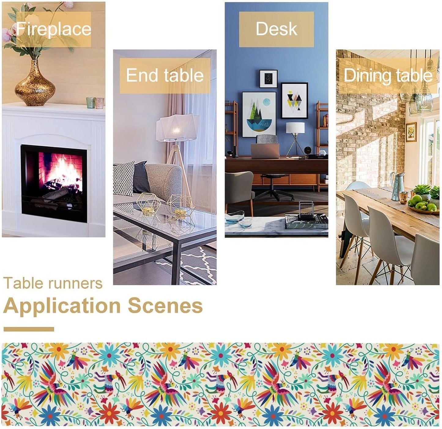 Mexican Table Runner,Boho Colorful Nature Inspired Flowers and Birds Table Cloth Kitchen Dining Table Home Party Decoration 13x108 Inch