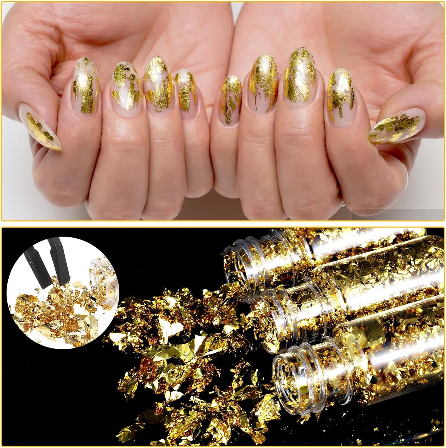 5Pcs Decorative Gold Leaf, Multifunction Gold Flakes Cake Decoration Baking Foil Decor with Plastic Tweezers for Cooking Dessert Steak Decoration Crafts Makeup