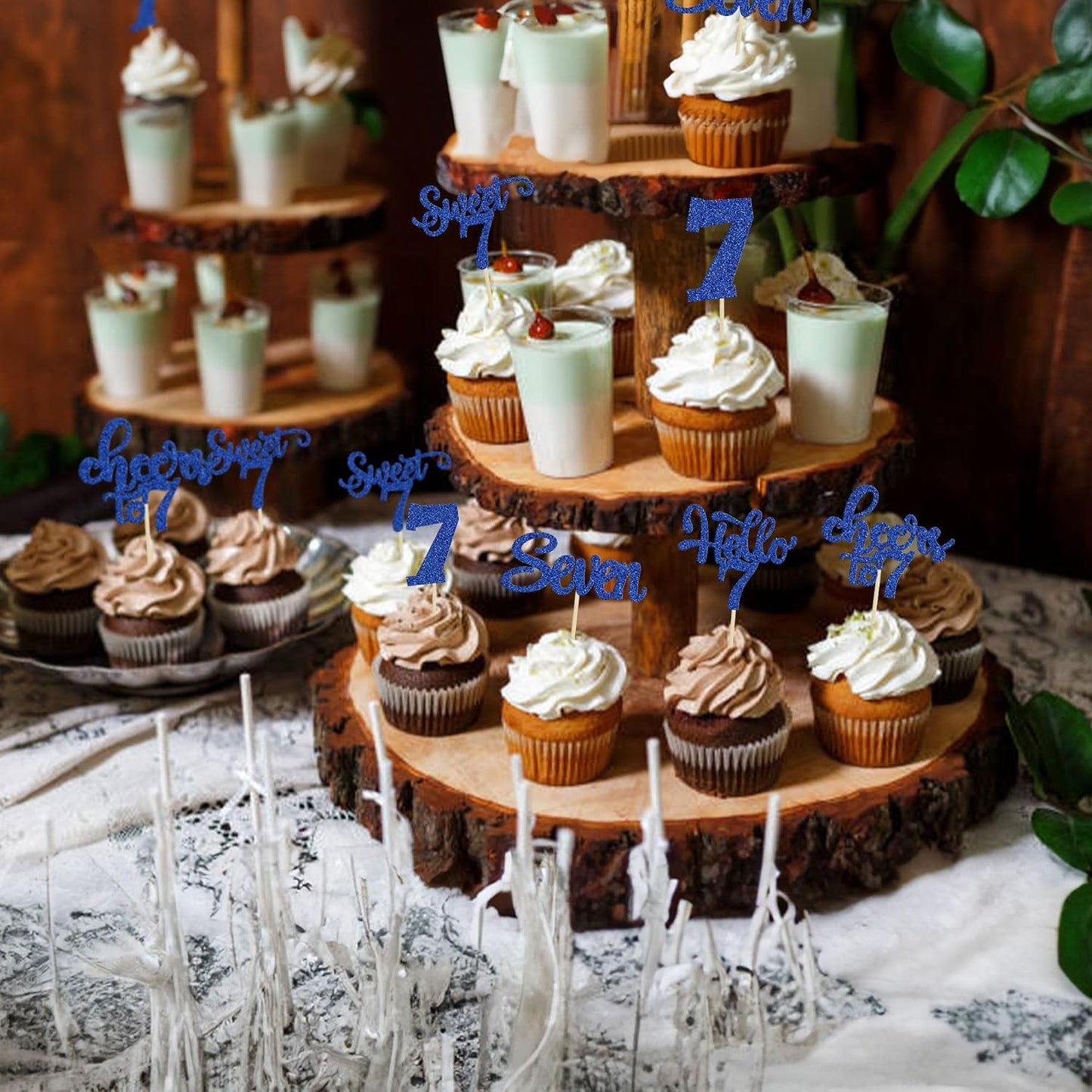 30Pcs 7th Birthday Cupcake Toppers Glitter Seven Happy 7 Cupcake Picks Cheers to 7 Years Old Cake Decorations for 7th Birthday Party Supplies Deep Blue