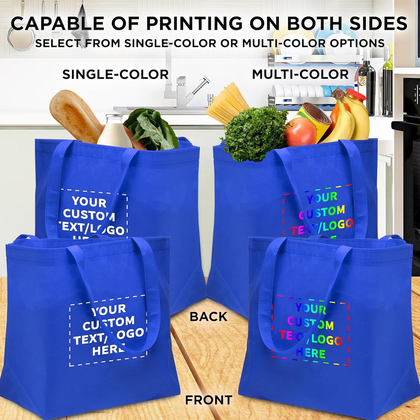DISCOUNT PROMOS Custom Southern Style Grocery Tote Bags Set of 10 - Personalized Bulk Pack, Reusable Grocery & Shopping Bags - Great for Travel, Carry on Bag, Business Promotions - Blue - 20"X13"X8"