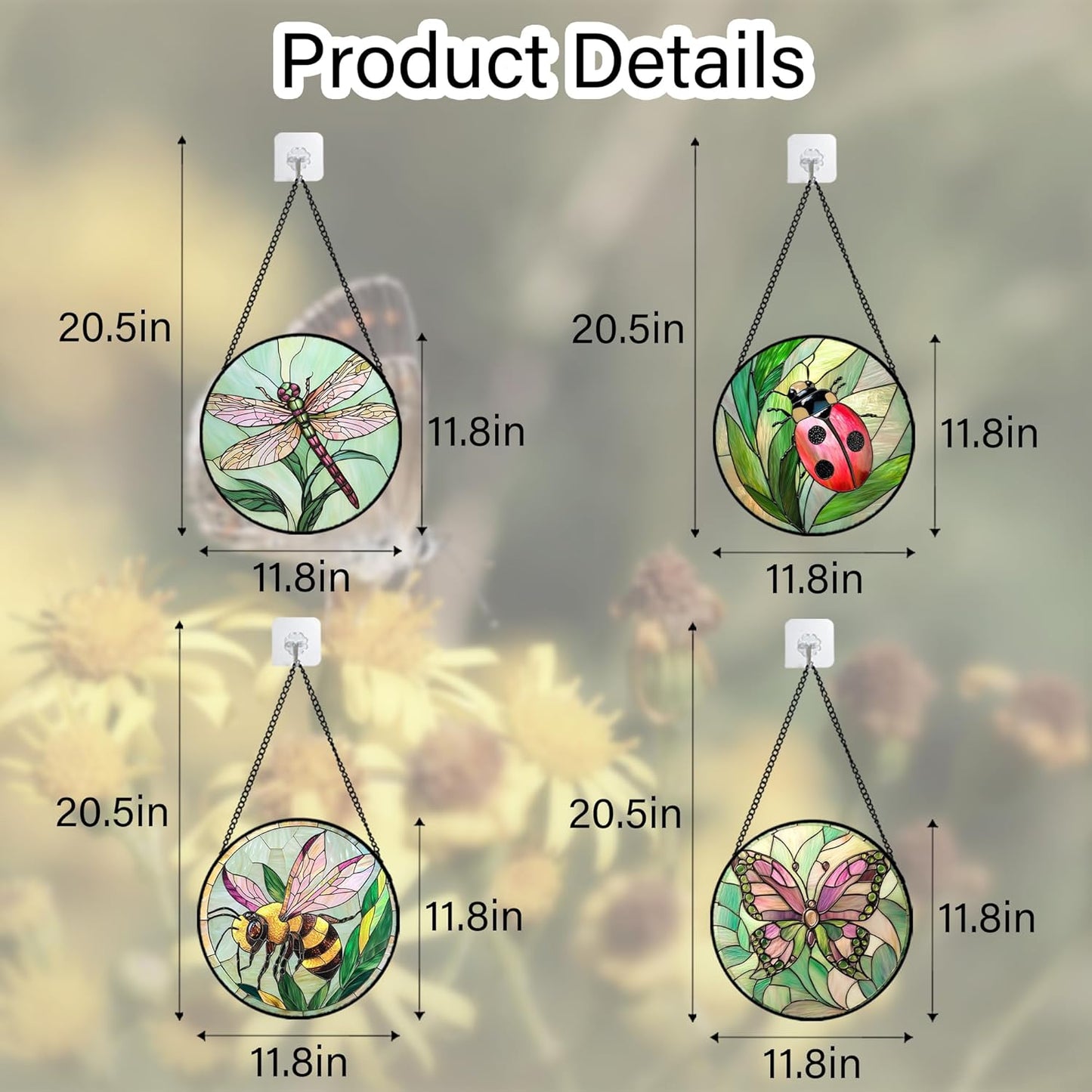 Stained Glass Window Hanging 4 Pcs Set Pink Green Insect Theme Large 11.8" - Butterfly Suncatcher Door Garden Sun Catcher Decor Birthday Christmas for Mom Woman Nana Men