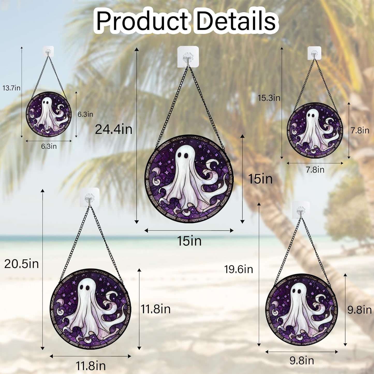 Stained Glass Window Hanging - Halloween Decorations White Ghost Purple Stars Suncatcher for Doors Garden Spooky Funny Sun Catchers Gothic Decor Horror Gifts for Women Men Friend 7.8 in