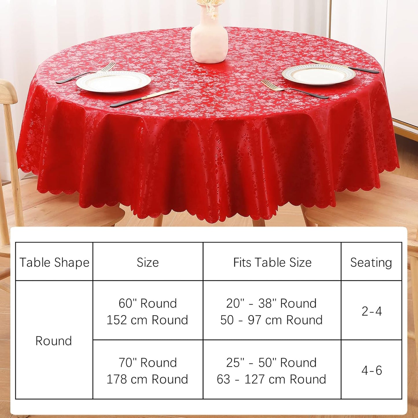 Smiry Round Table Cloth, Waterproof Heavy Duty Vinyl Tablecloths, Wipeable Washable Table Cover for Kitchen and Dining Room (Red, 60" Round)