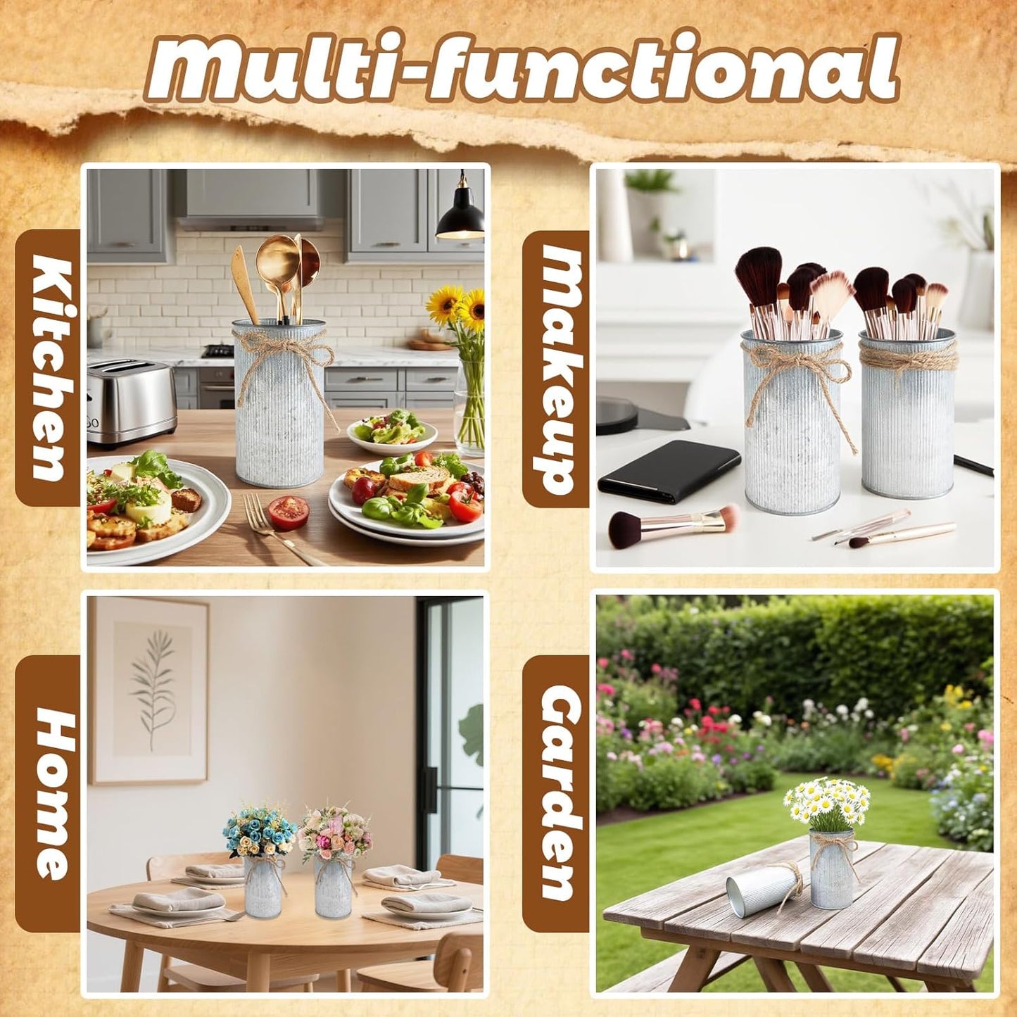 6" High Vase Centerpiece for Table, Rustic Farmhouse Mason Jars with Twine Bow, Vintage Galvanized Metal Flower Container for Wedding Home Decor (Silver, 6Pcs)