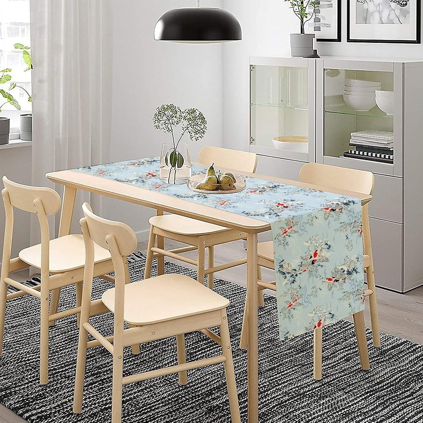 Kio Fish Table Runner Waves Retro Japanese Tradition Art Printed Burlap Runner Home Kitchen Dining Table Living Room Decor Fabric 1 Panel W13xL120in