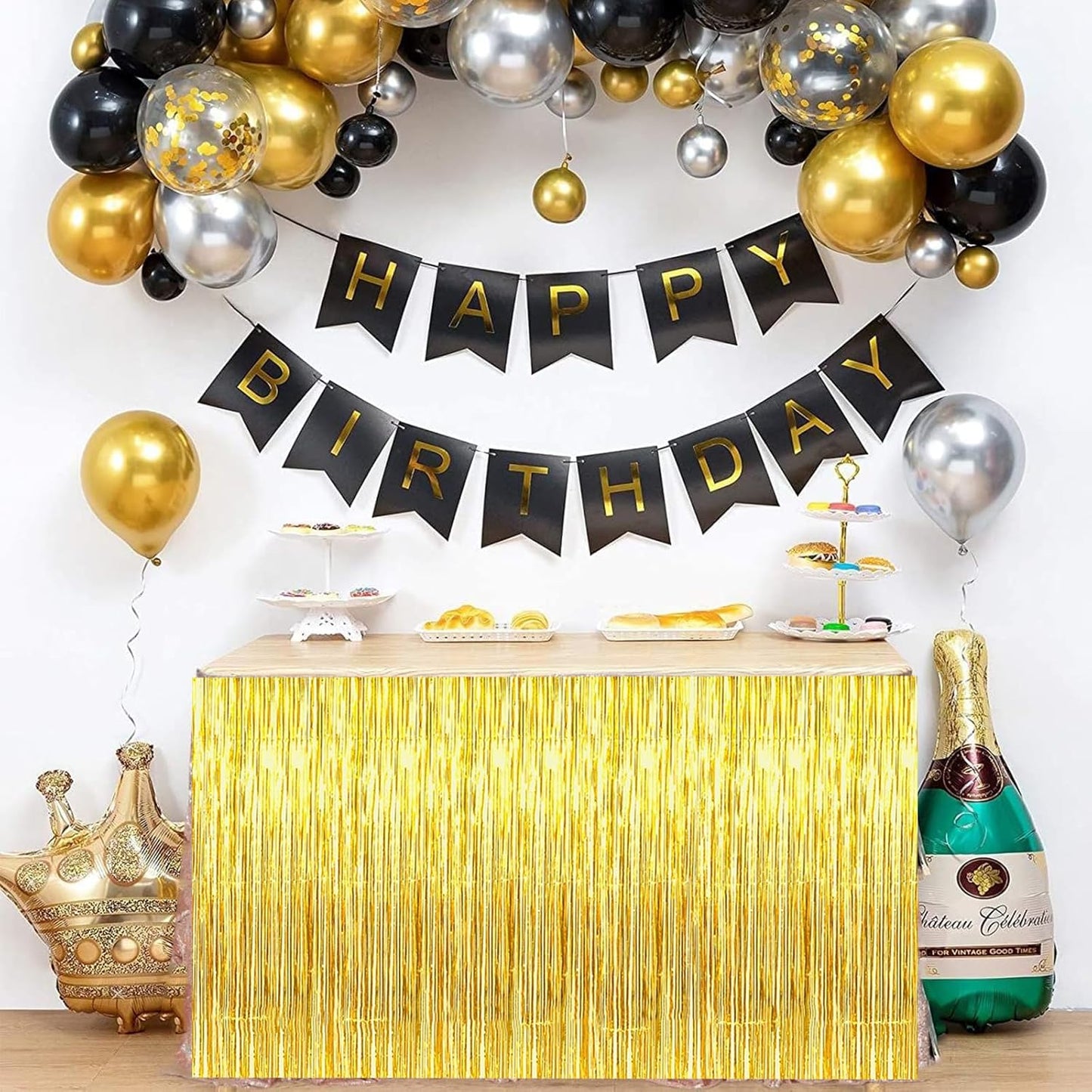 BEISHIDA 2 Pack Gold Metallic Tinsel Foil Fringe Table Skirts - Decors for Rectangle & Round Tables - Birthday & Holiday Party