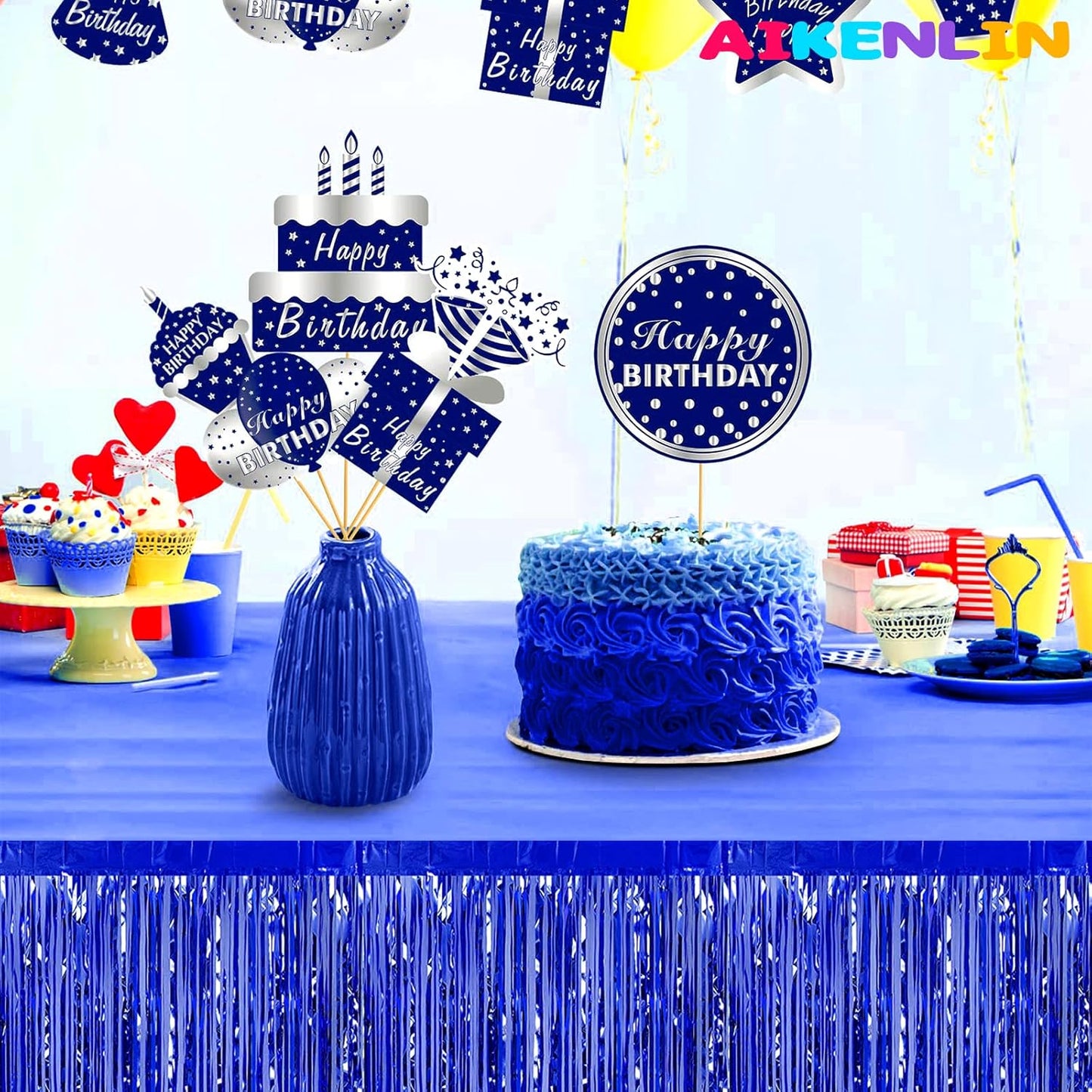 6 Pack 29x108 Inch Metallic Foil Fringe Tinsel Table Skirts Banner for Rectangle Tables Streamer Garland Curtains Backdrop for Wedding, Birthday, Parade Floats, Christmas Party Decoration(Blue)