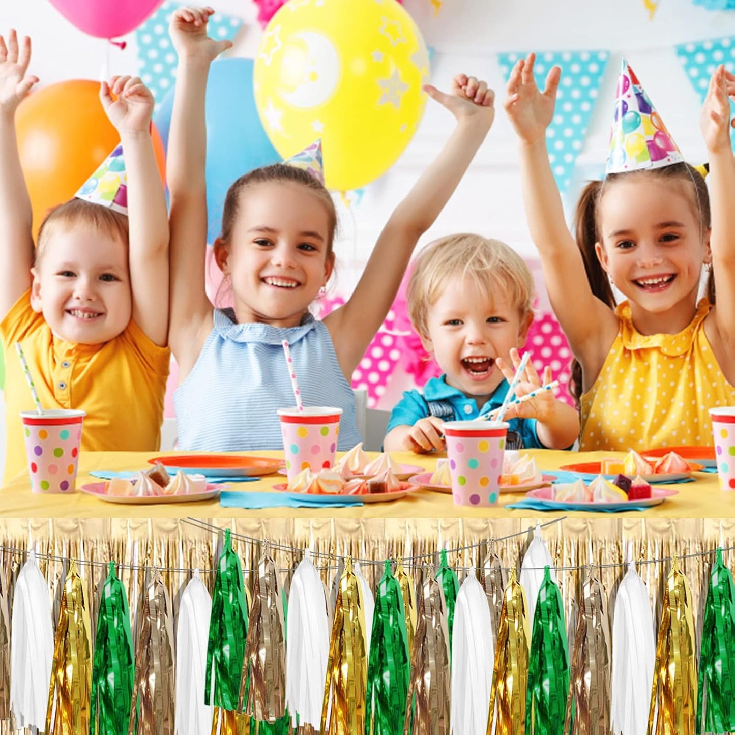 4P Sage-Green Beige-Mint Gold Foil Fringe Metallic Tassel Garland Banner, Tassels Banner Streamers for Parade Floats, Bachelorette, Wedding, Birthday, Christmas, Bridal/Baby Shower Party Decorations