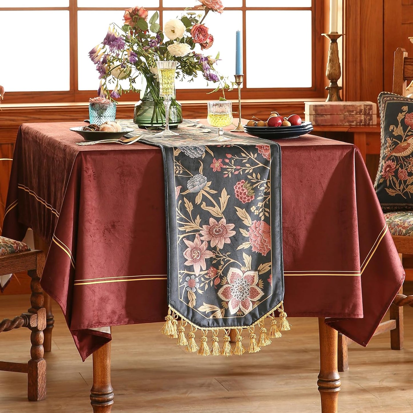 patdrea Designer Vintage Black Floral Velvet Table Runner 102 Inch Long, Pink Khaki Bouquets Pattern Table Mat, Decoration for Kitchen Dining Coffee Table Cabinet Banquet Thanksgiving,12"*102"