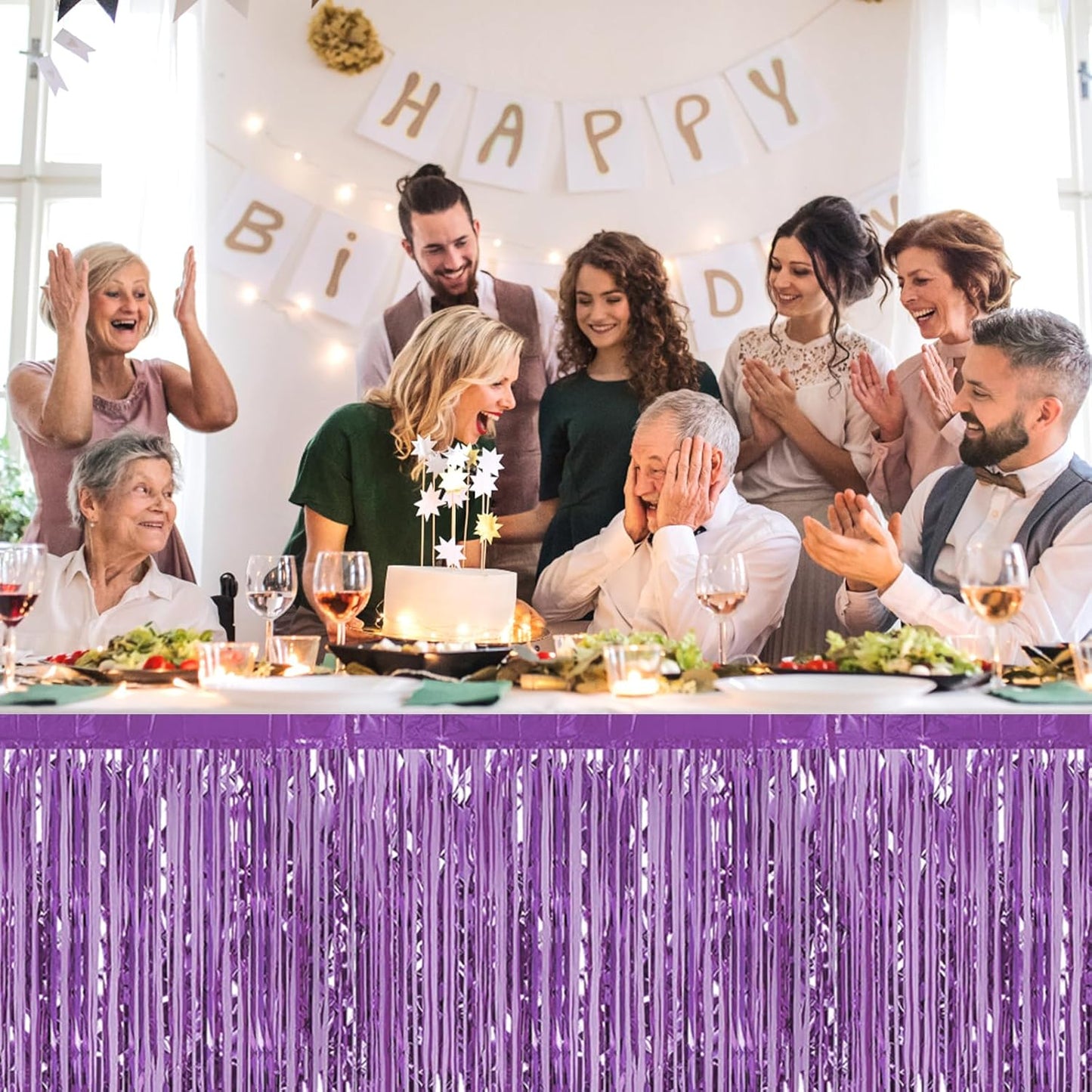 3 Pack 29 x108 Inch Light Purple Foil Fringe Table Skirts Metallic Banner for Tinsel Streamer Garland Backdrop for Parade Floats Wedding Thanksgiving Birthday Christmas New Year Party Decoration