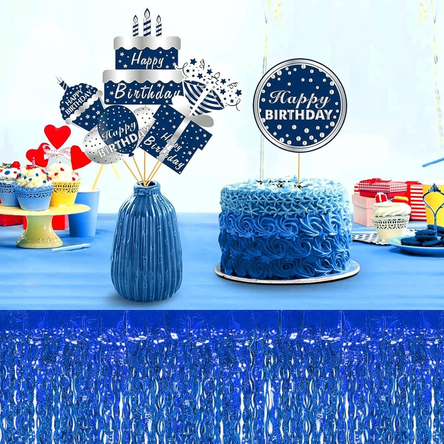 4P Wavy Metallic Tinsel Foil Fringe Table Skirts for Rectangle Tables Backdrop Garland Curtains for Parade Floats Wedding Birthday Parties Decoration Graduation 2025 Christmas (Blue)