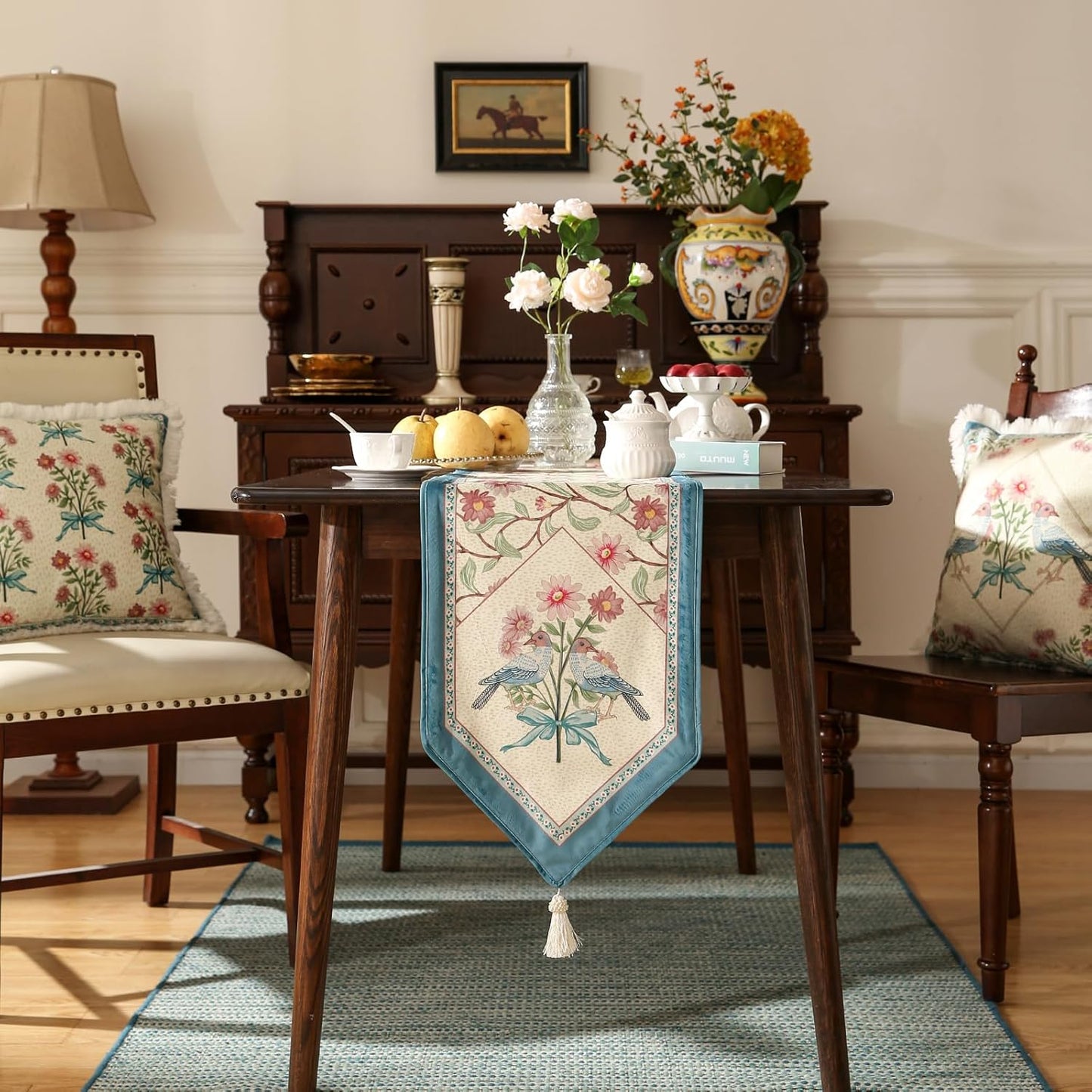 patdrea Designer French Elegant Wild Flowers Velvet Table Runner 71 Inch Long, Beige Pink Floral Pattern Table Mat, Decoration for Kitchen Dining Coffee Table Cabinet Banquet Thanksgiving,12"*71"