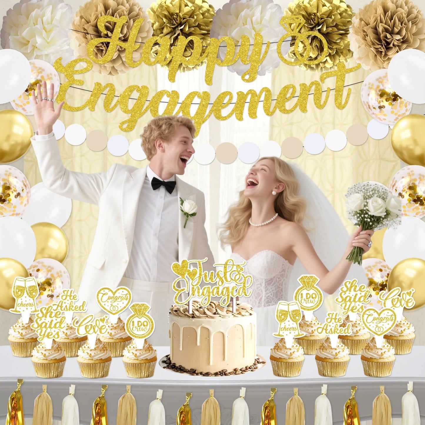 Engagement Party Decorations, Just Engaged Decorations, Happy Engagement Banner Set with Paper Pom Poms, Tissue Tassels, Balloons, Garland & Cake Topper for Wedding Bachelorette Party (Gold)