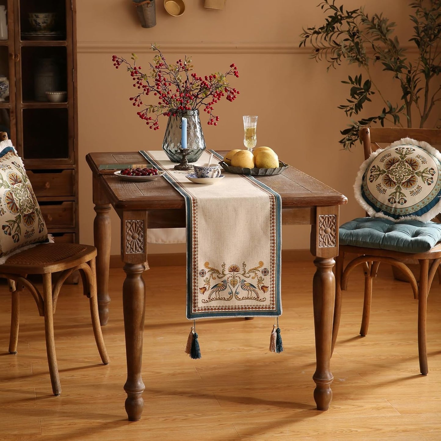 patdrea Designer Beige Farmhouse Geometric Patterned Linen Table Runner 71 Inch Long,Wrinkle Resistant Table Mat,Decoration for Kitchen Dining and Coffee Tables Banquet Christmas , 12"x71"