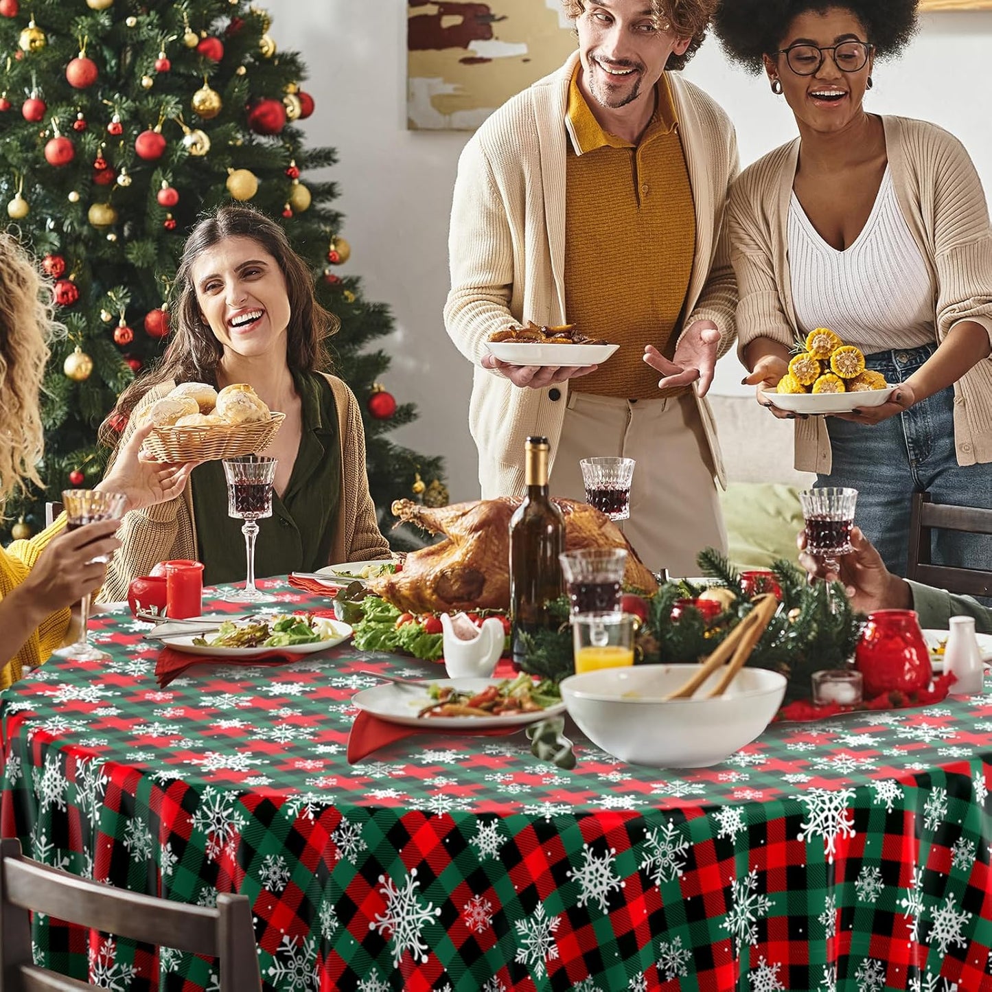 Jectivs 6Pcs Christmas Buffalo Plaid Snowflake Party Tablecloths Decorations,Plastic Red and Green Checkered Round Table Cover for Winter Christmas New Year Birthday Holiday Party Decorations,84 inch