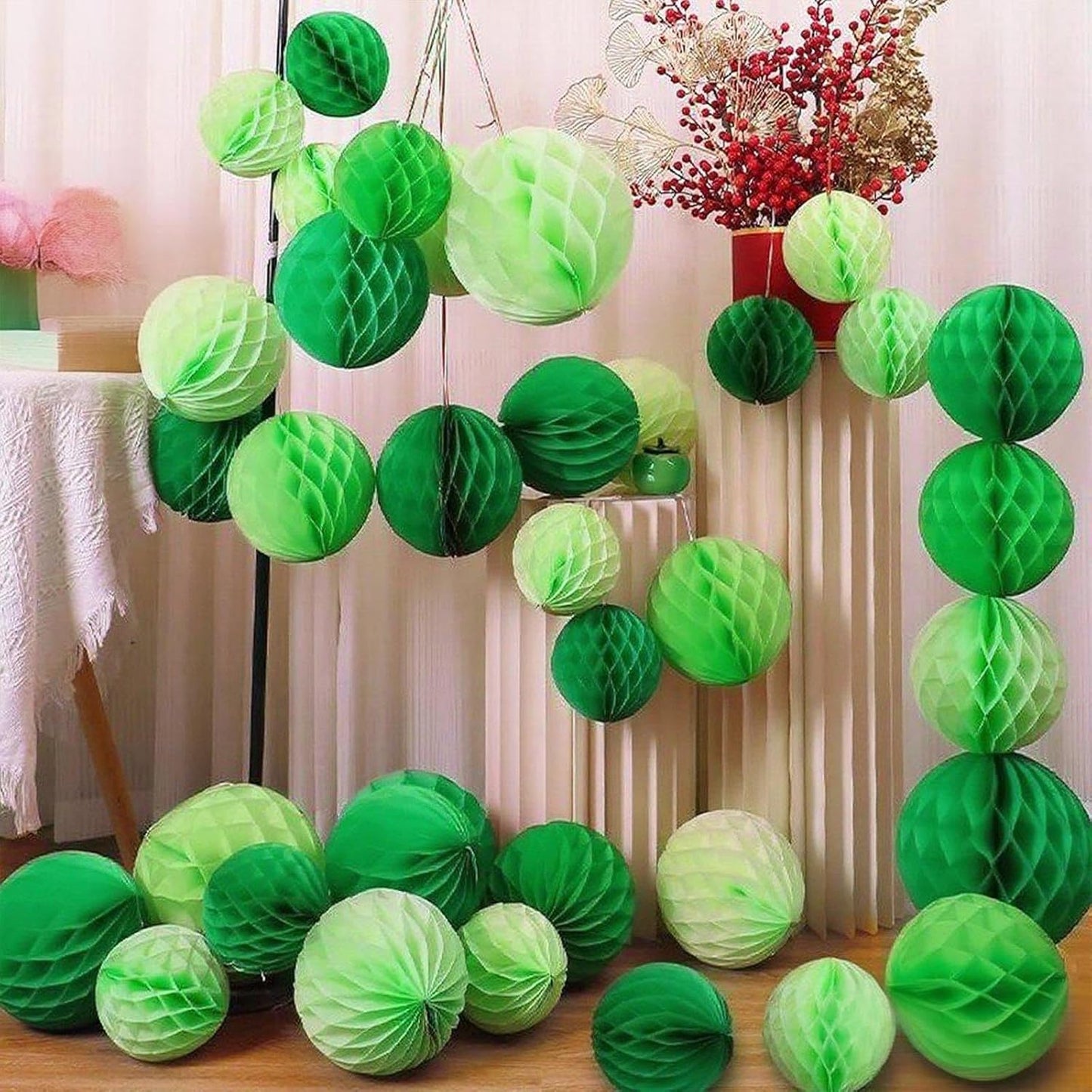 XIKSXITN Green Paper Honeycomb Balls - 12 Pack Hanging Tissue Pom Poms for Weddings, Birthdays, Spring Decor