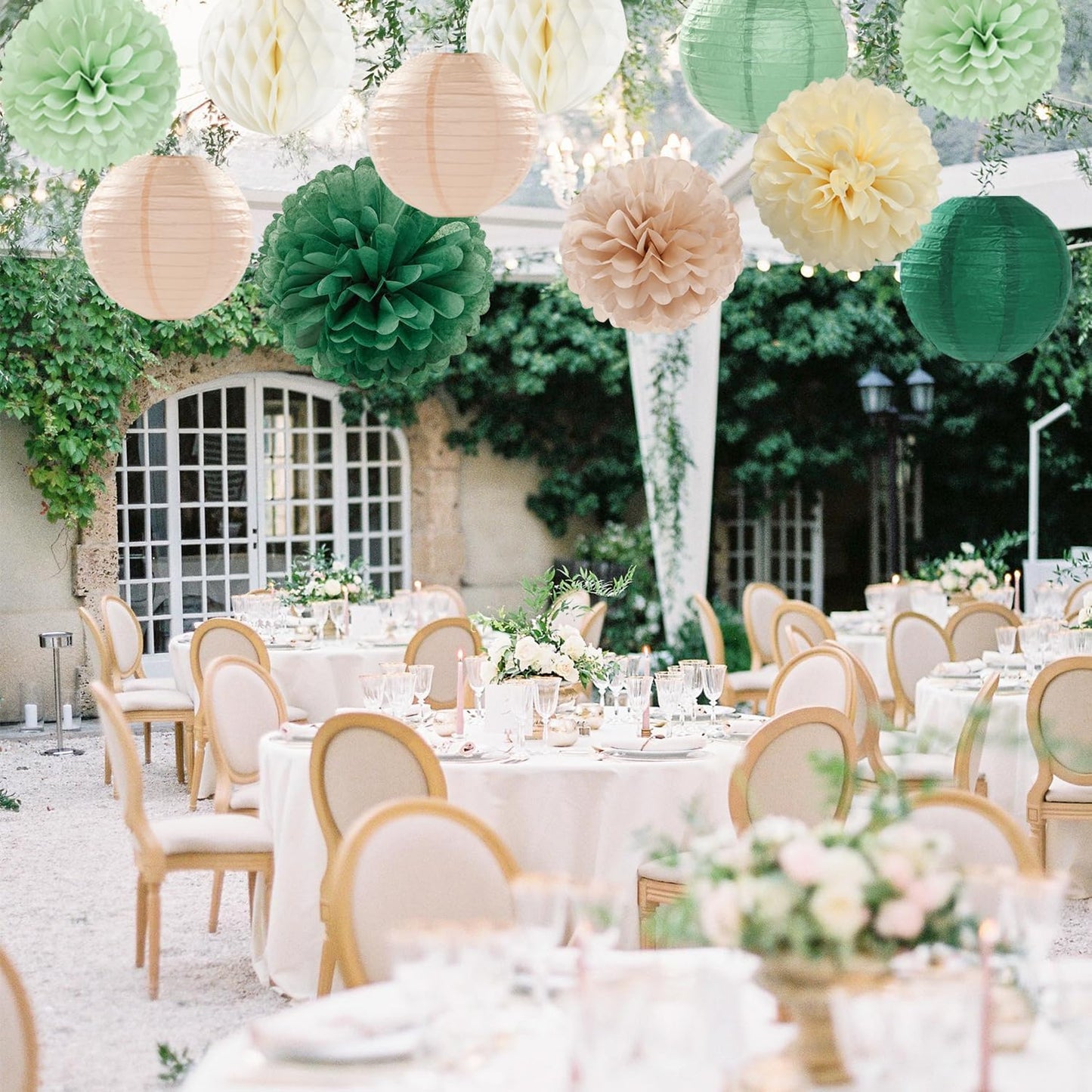 Olive-Sage Green Champagne-Gold Pink Party-Decorations - 20pcs Rustic Wedding Paper Lanterns Fans,Tissue Pom Poms,Honeycomb Balls,Bunting,Boho Bachelorette Neutral Baby Shower Decor Burgleda