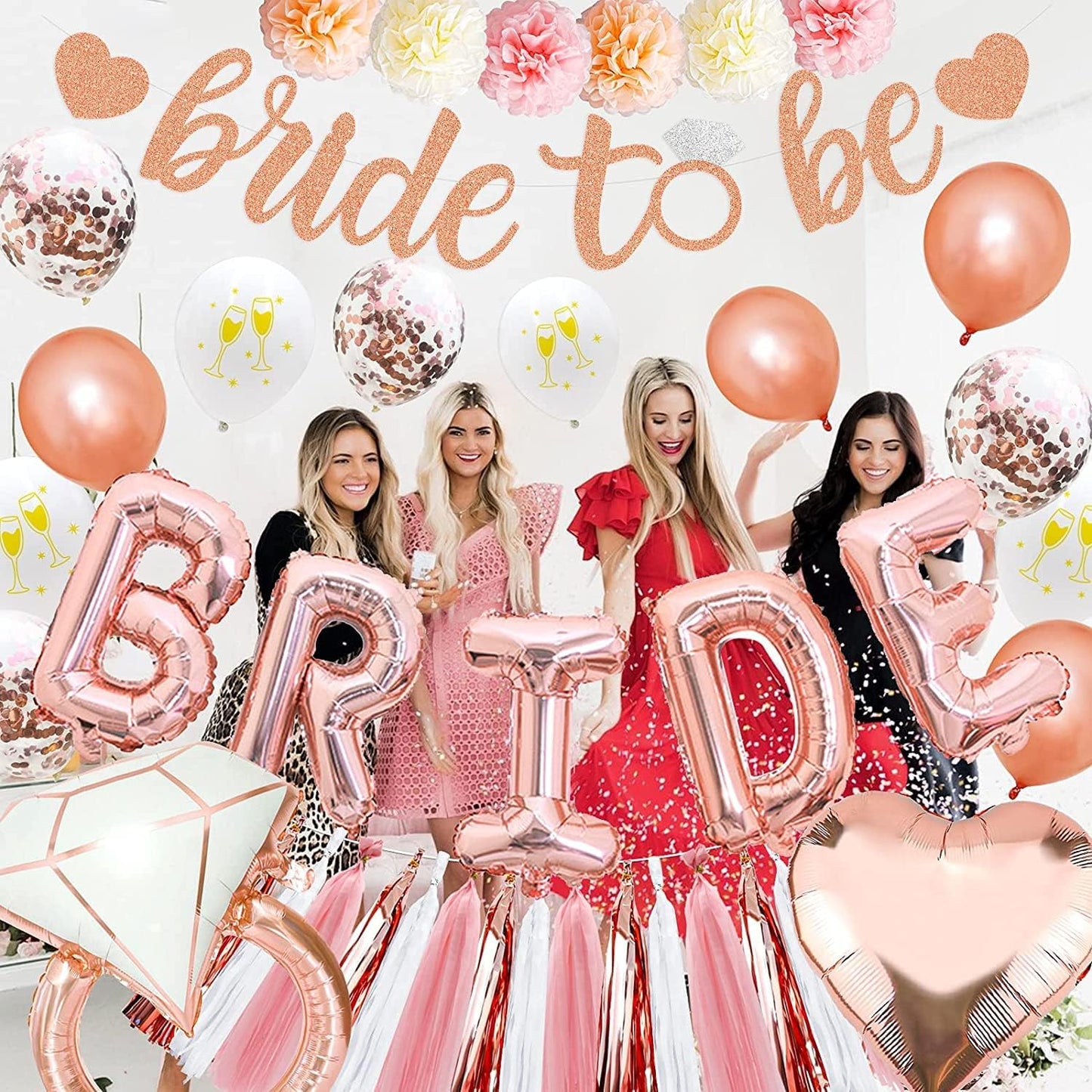 Bridal Shower Decorations - Rose Gold Party Decorations with Wifey for Lifey Banner, Bride Foil Balloon, Diamond Ring Balloon, Paper Pom Poms, Tassel Party Supplies