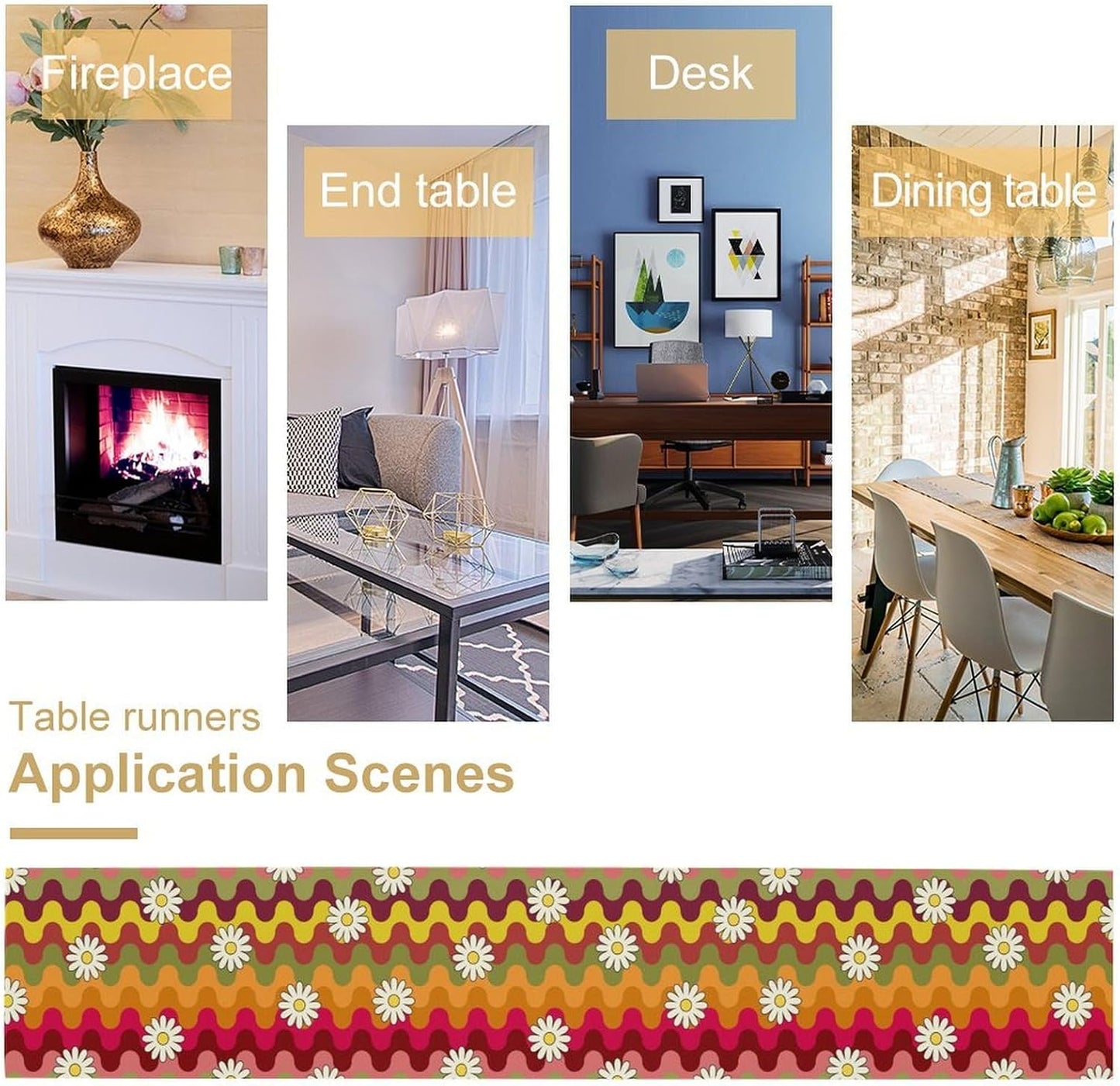 Vintage Floral Table Runner,60s 70s Colorful Retro Abstract Hippie Print Table Runner for Kitchen Dining Table Home Party Decoration 13x60 Inch